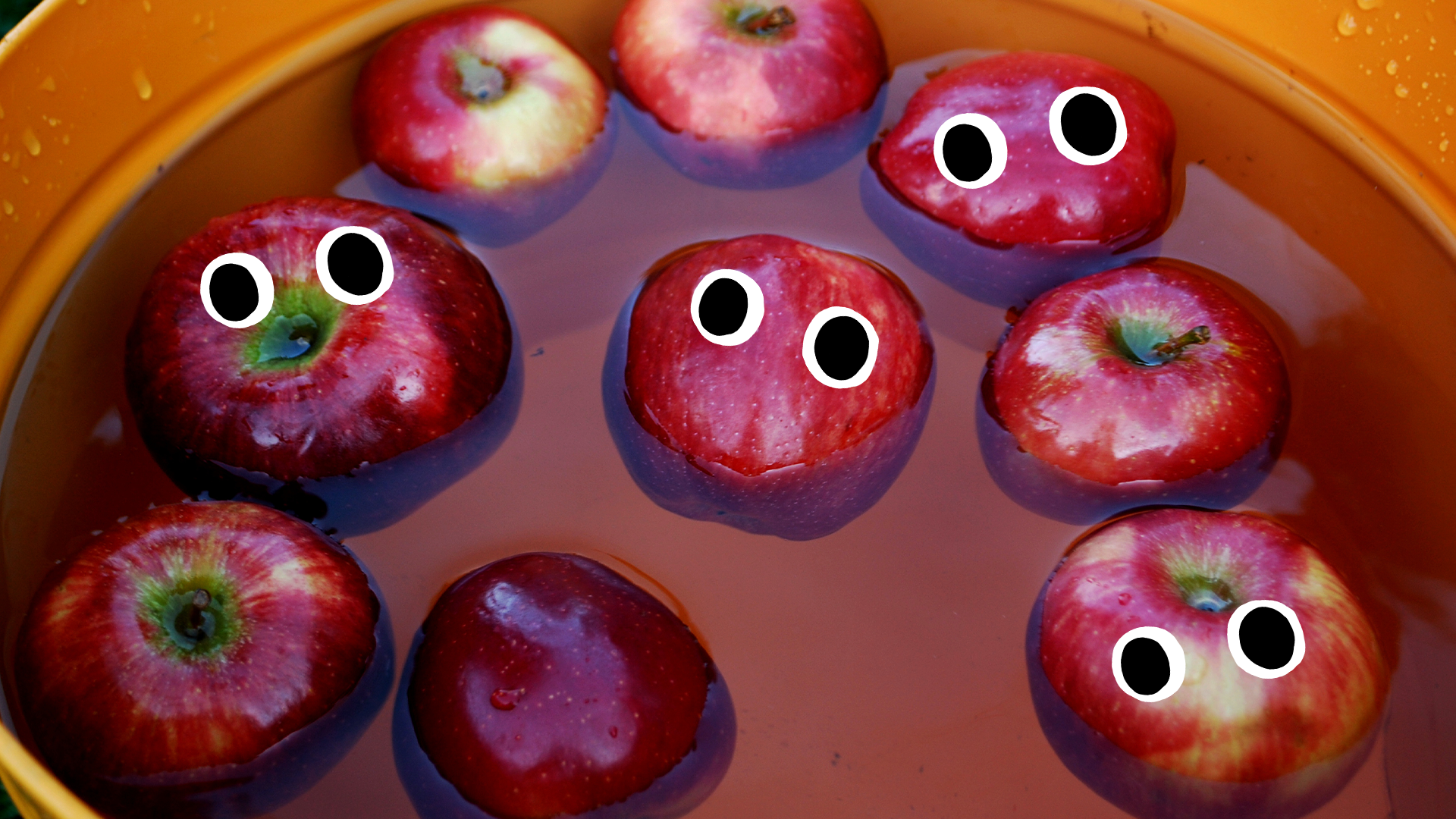 Bobbing apples with goofy eyes