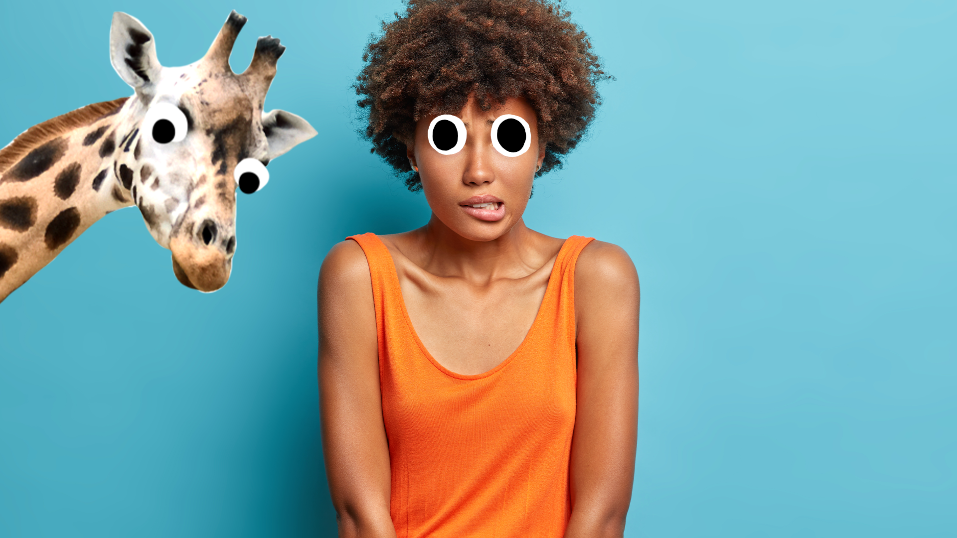 Woman looking guilty on a blue background with Beano giraffe