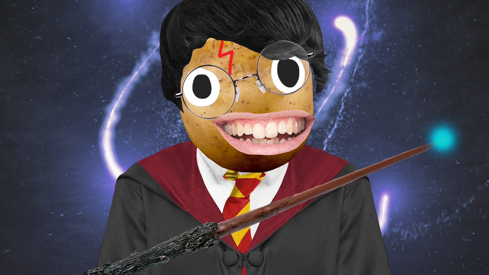 Beano potato harry with wand on magical background