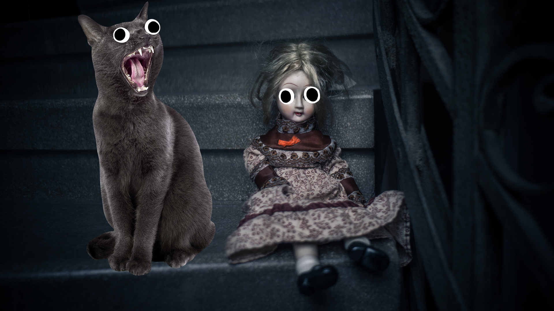 Creepy doll on staircase with Beano cat
