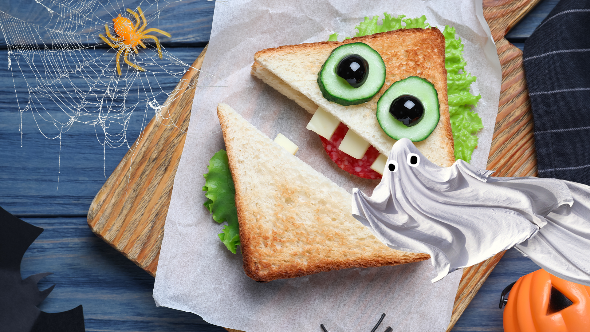 Spooky sandwich with Beano ghost and cobweb