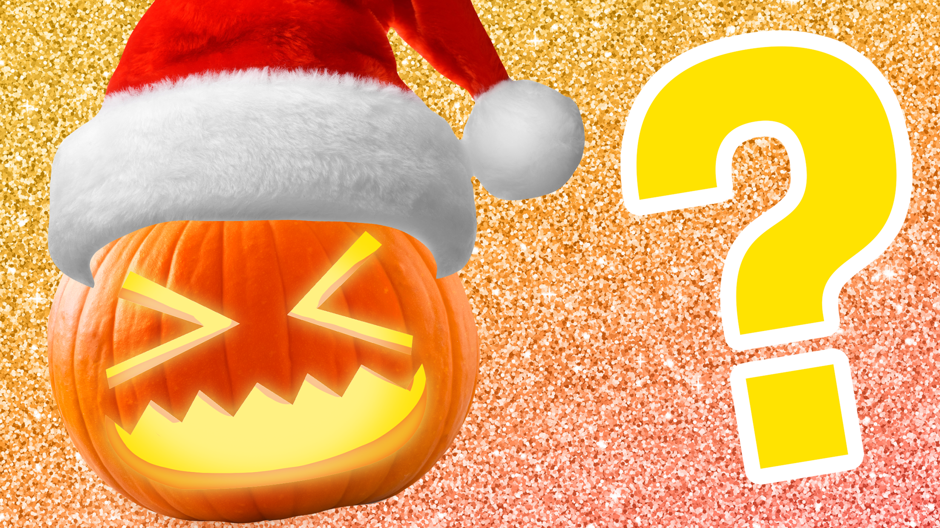 Pumpkin in Santa hat on glittery background with question mark