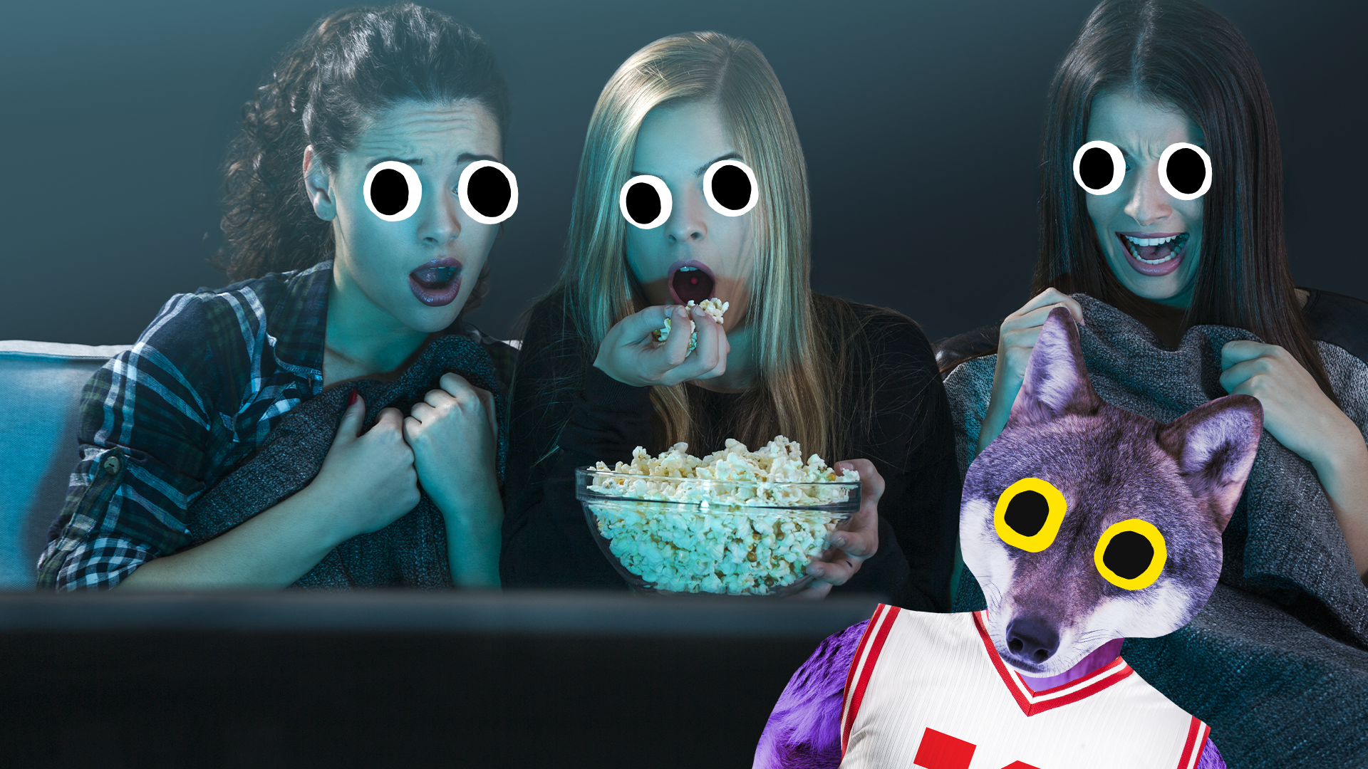 Three women watching a film looking scared with Beano werewolf 