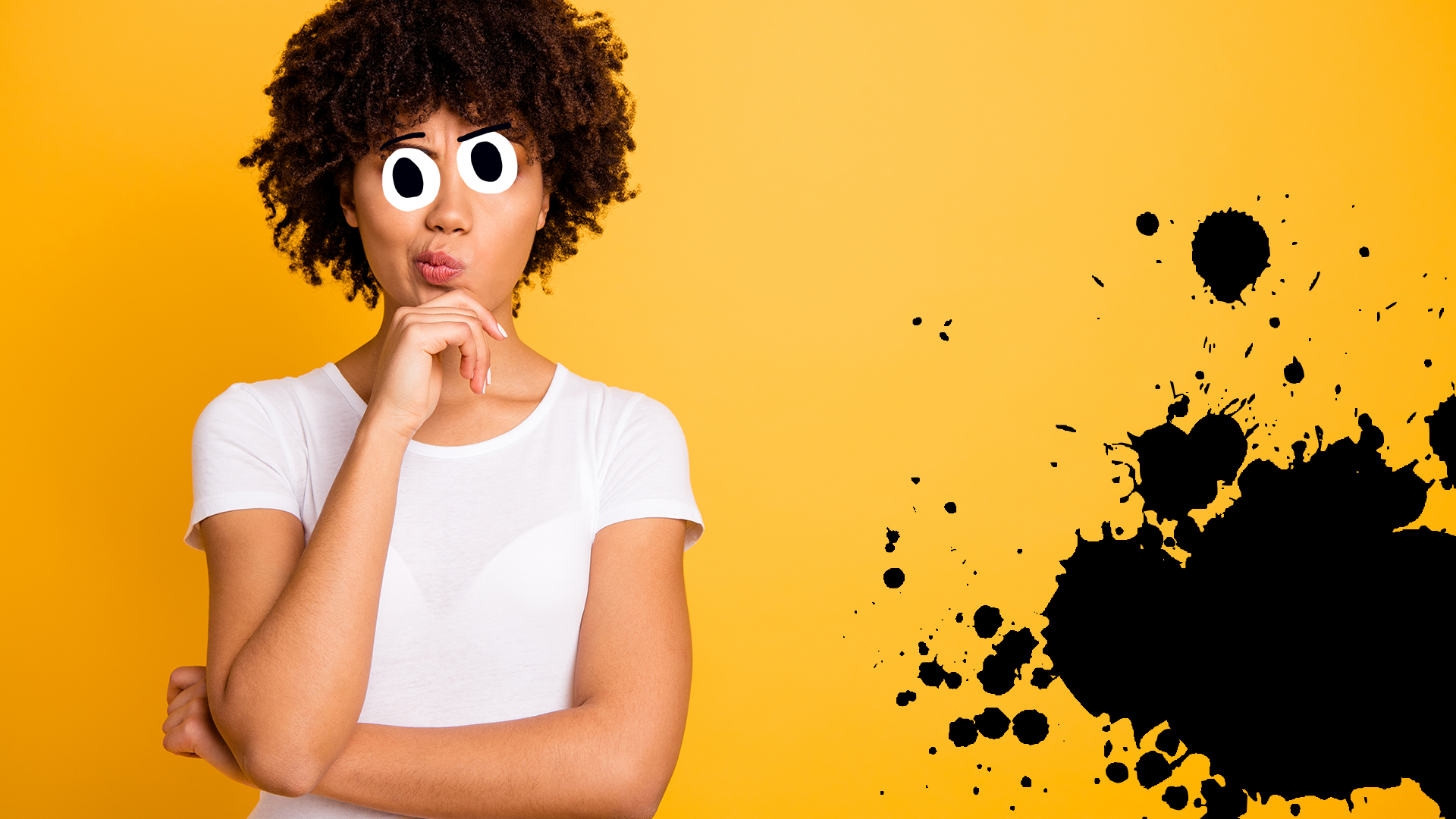 Confused woman on yellow background with splats