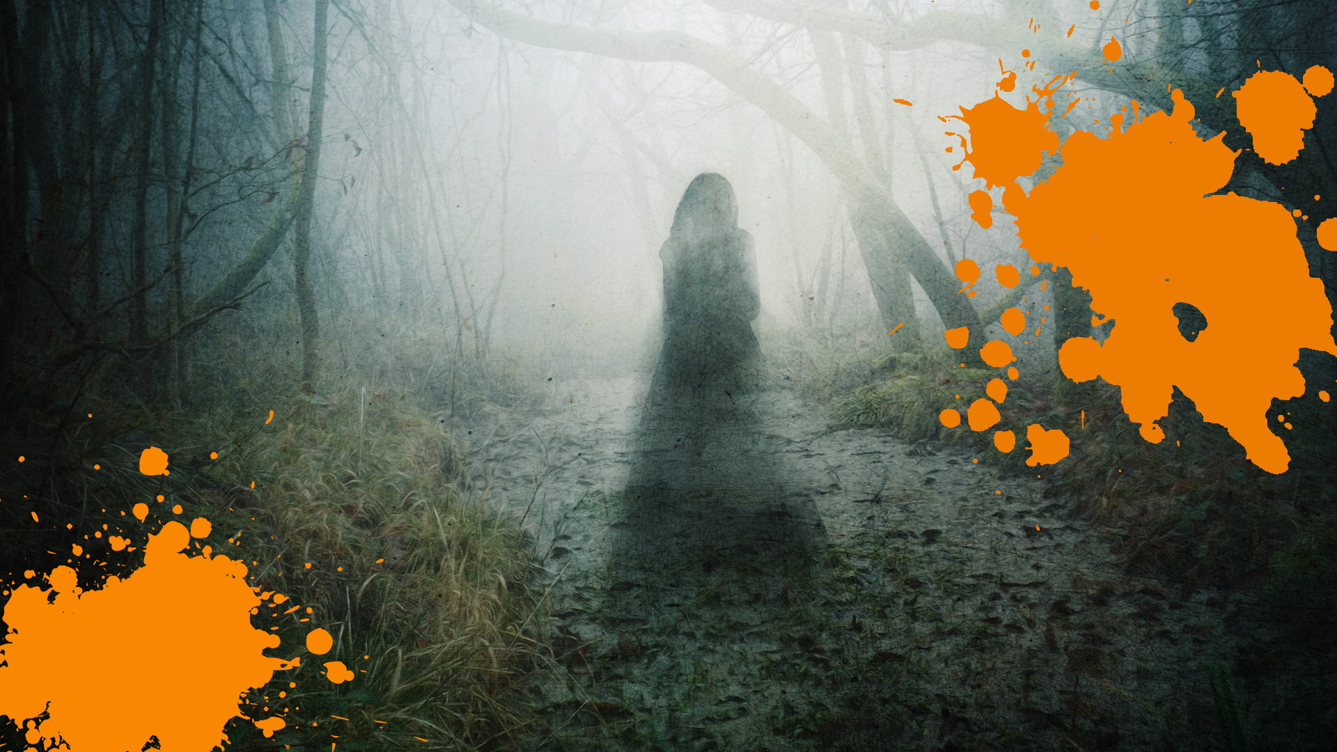 Creepy figure in forest with orange splats