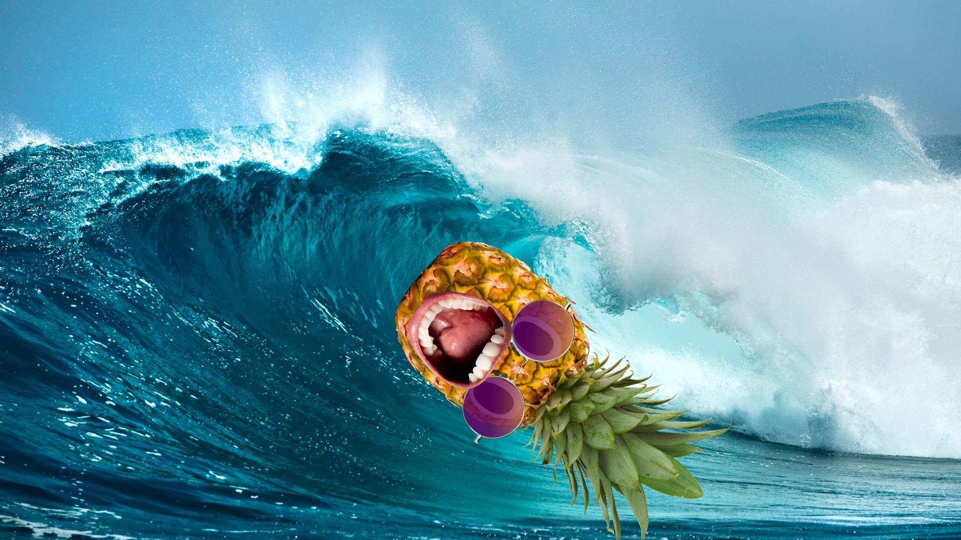 Wave crashing with pineapple in sunglasses