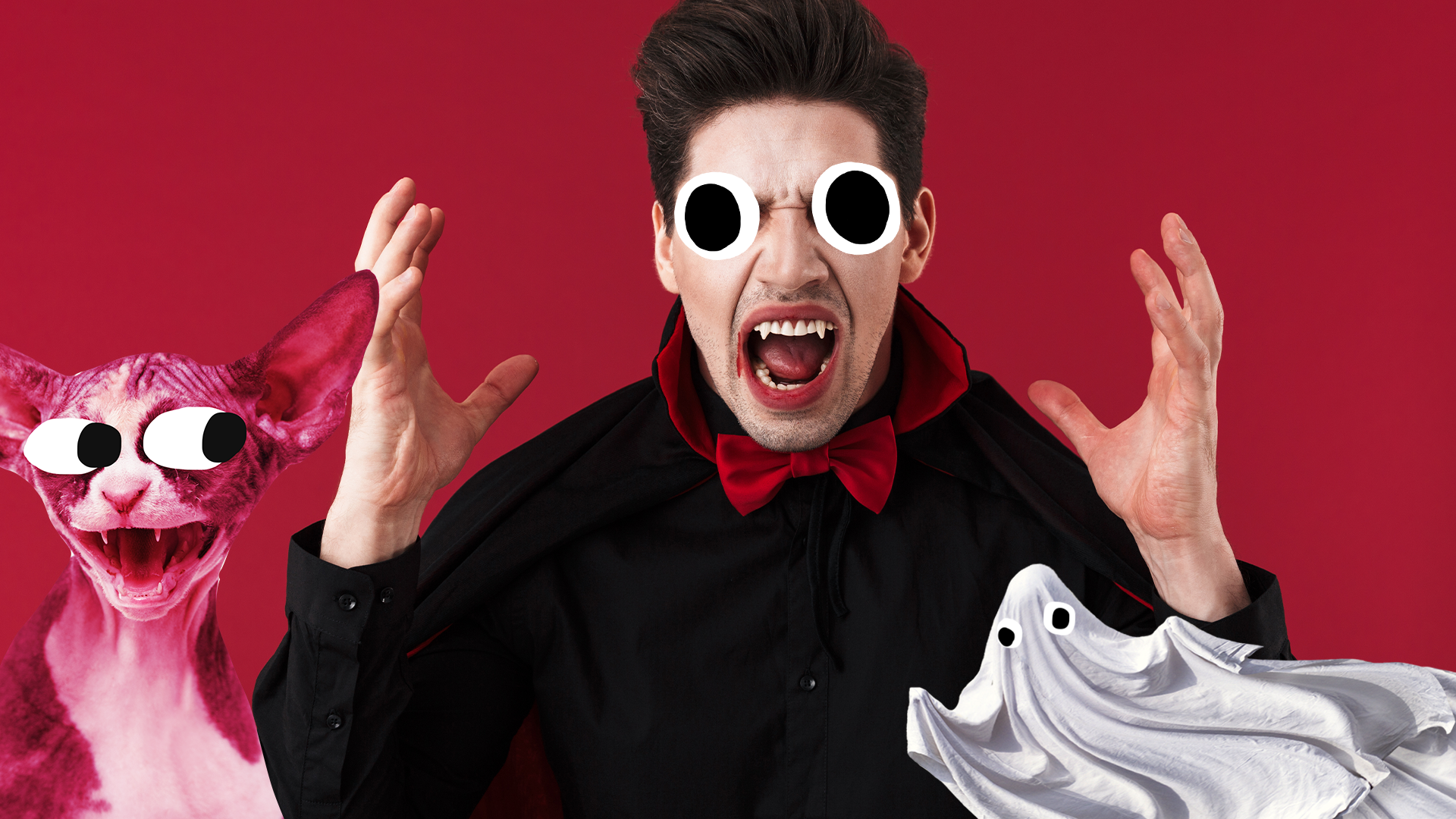 Vampire on red background with Beano golin and ghost