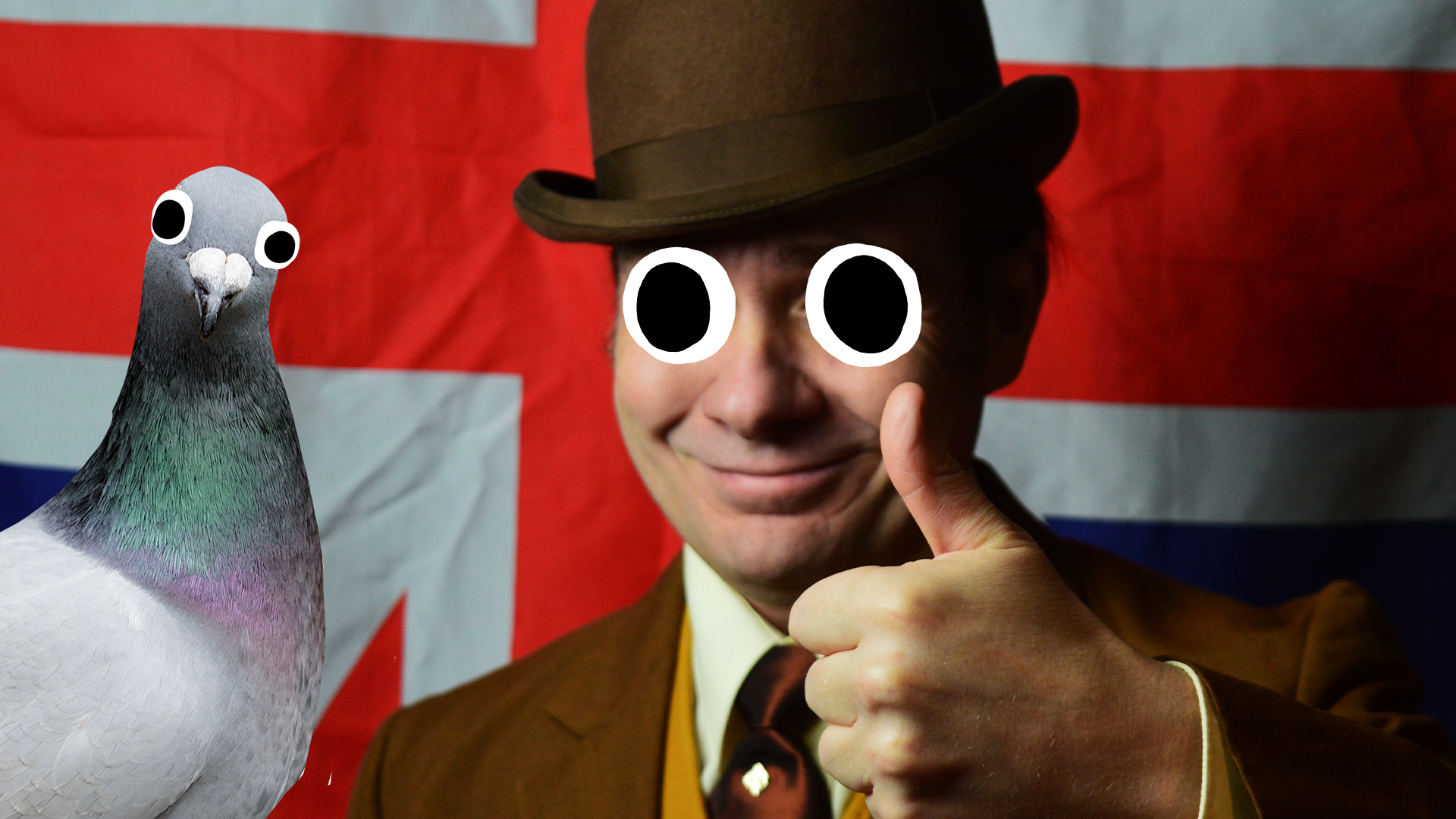 Man in bowler hat in front of Union Jack with Beano pigeon 
