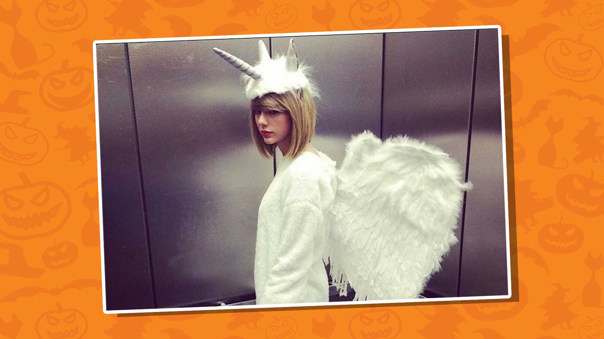 Taylor Swift in a lift dressed as a pegasus-unicorn 
