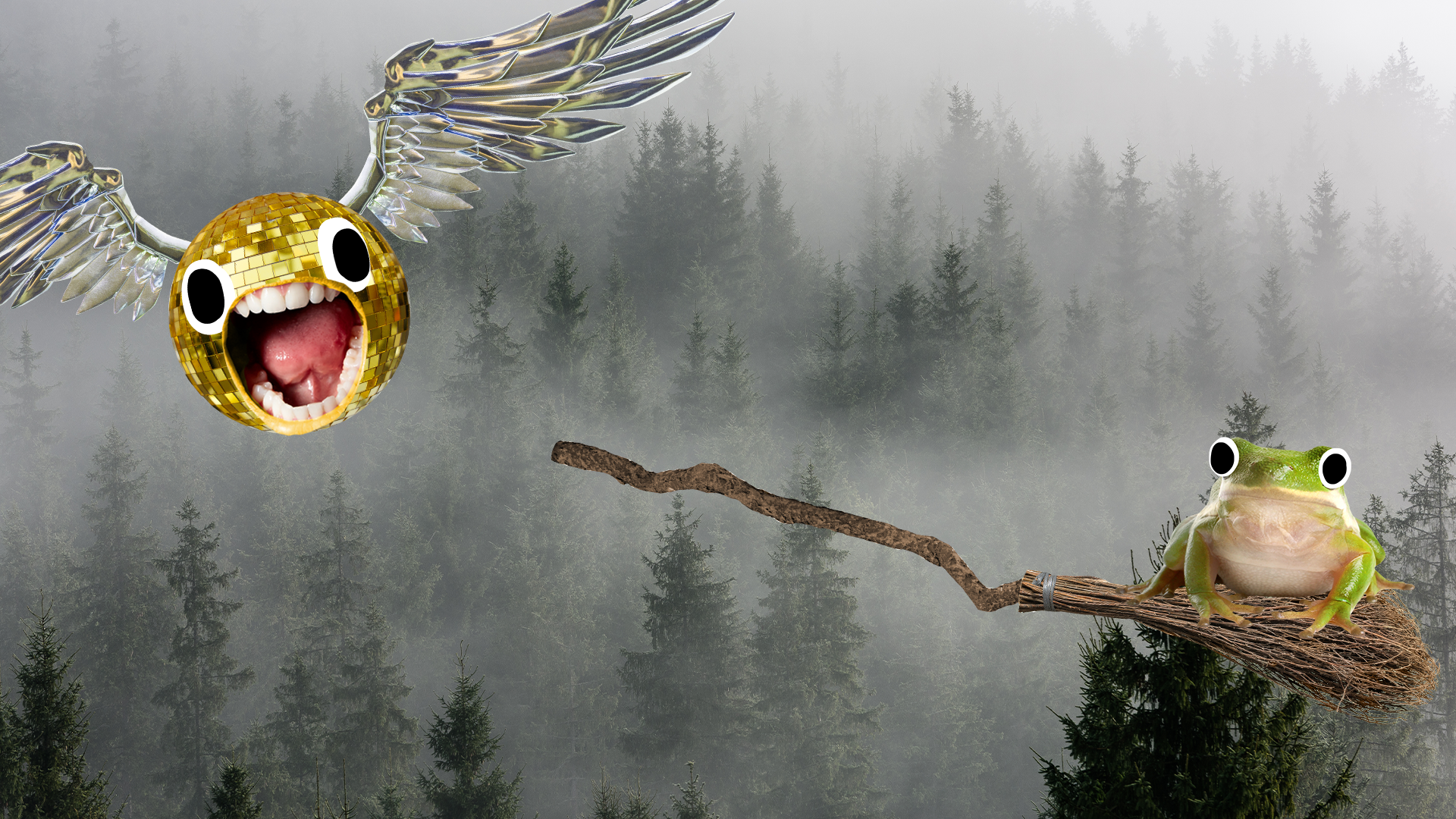 Beano snitch, broom and frog on misty tree background