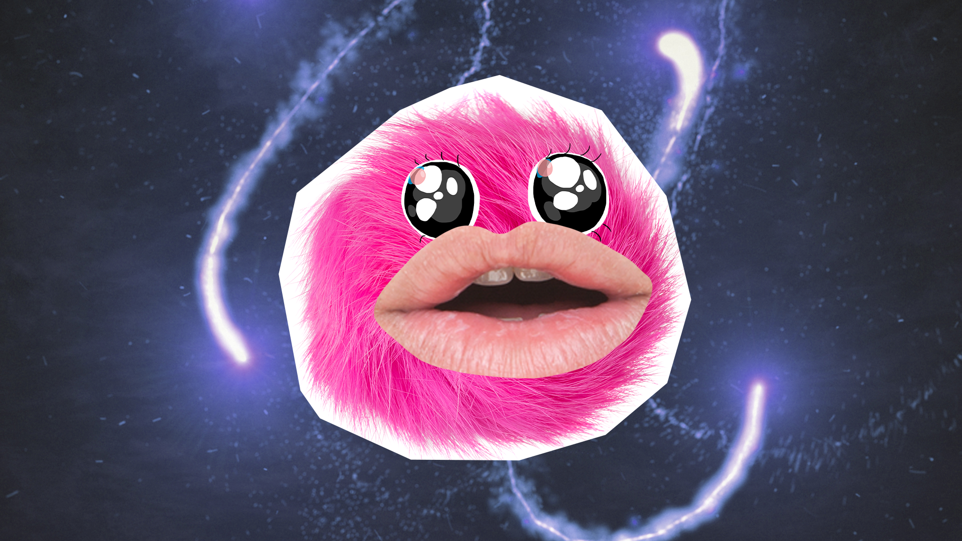 Fluffy pink creature with face on magical background