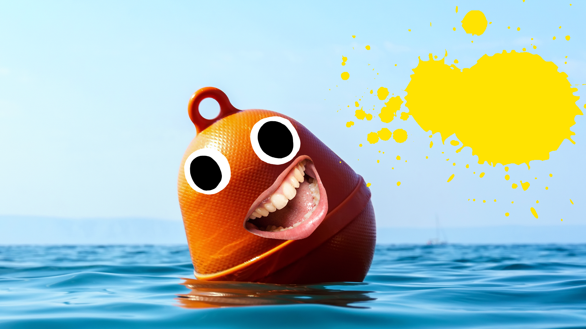 Float in water with goofy face and yellow splat