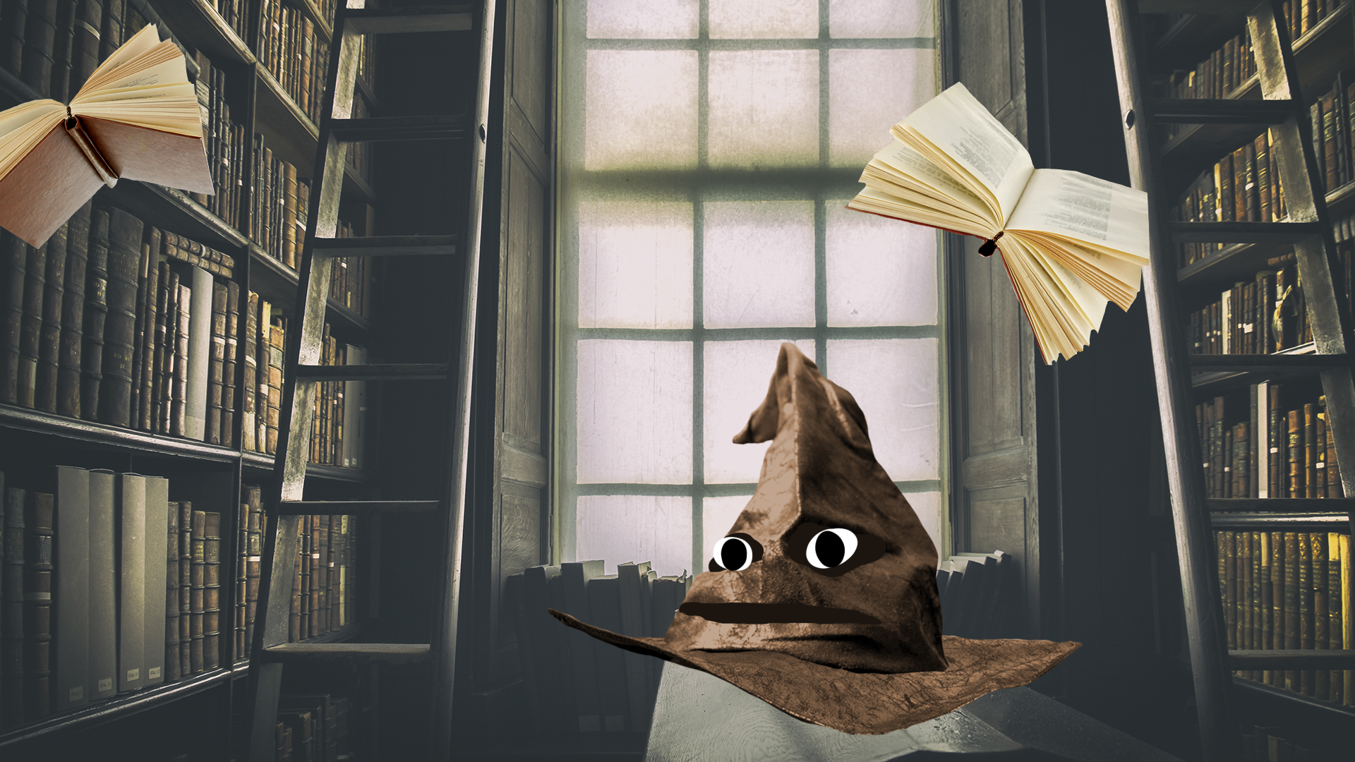 Library with flying books and Beano sorting hat