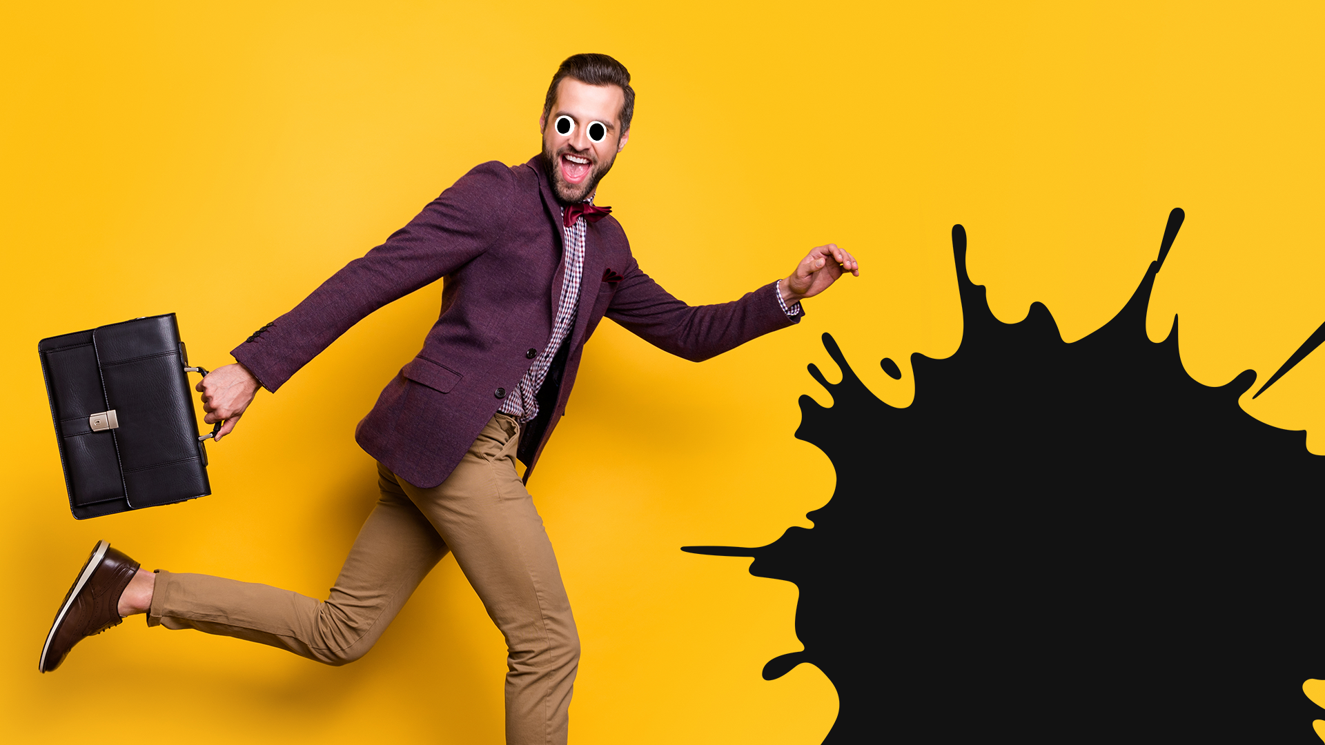 Man with briefcase on yellow background with splat