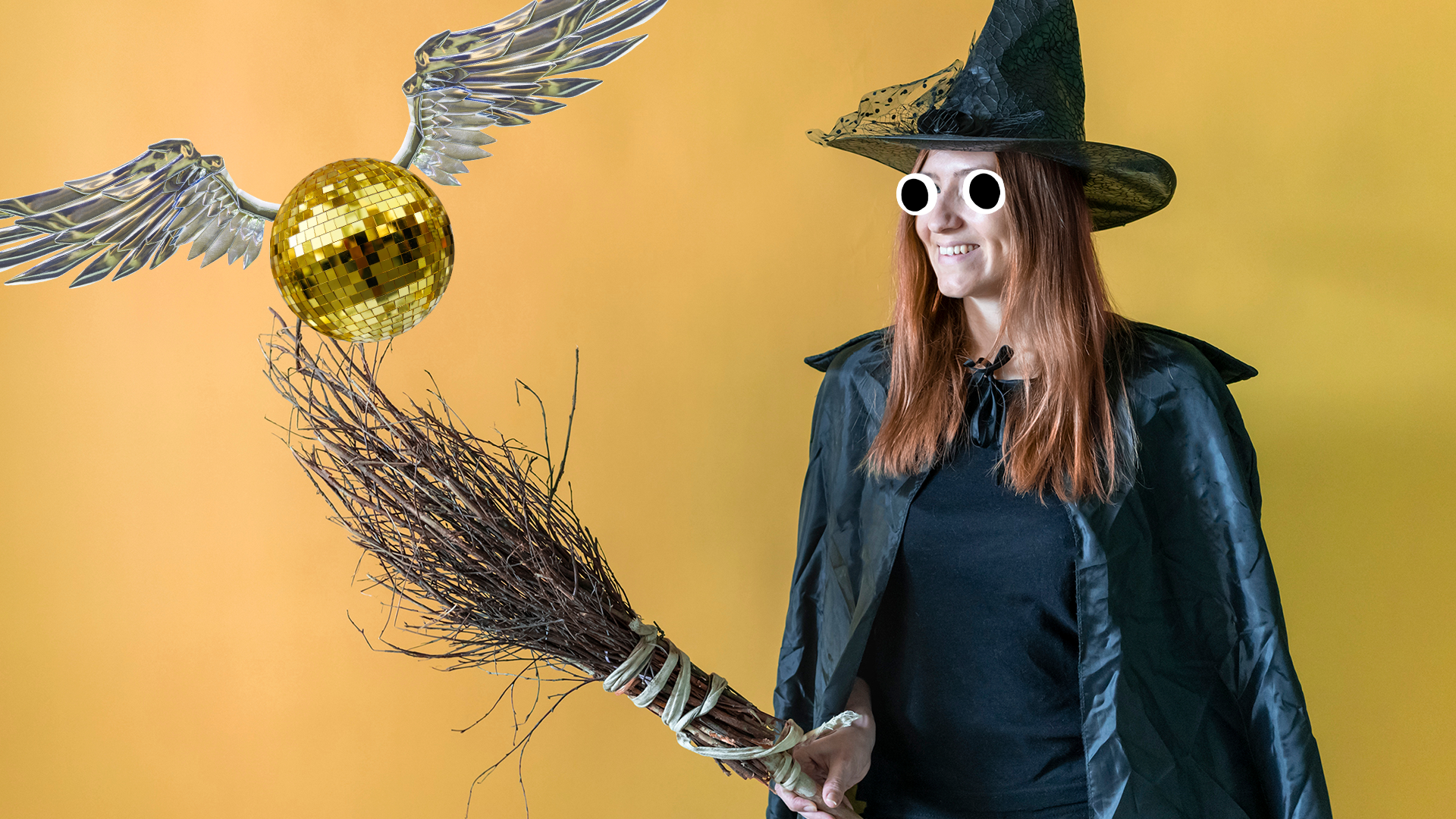 Red haired witch on yellow background with broomstick and Beano snitch 