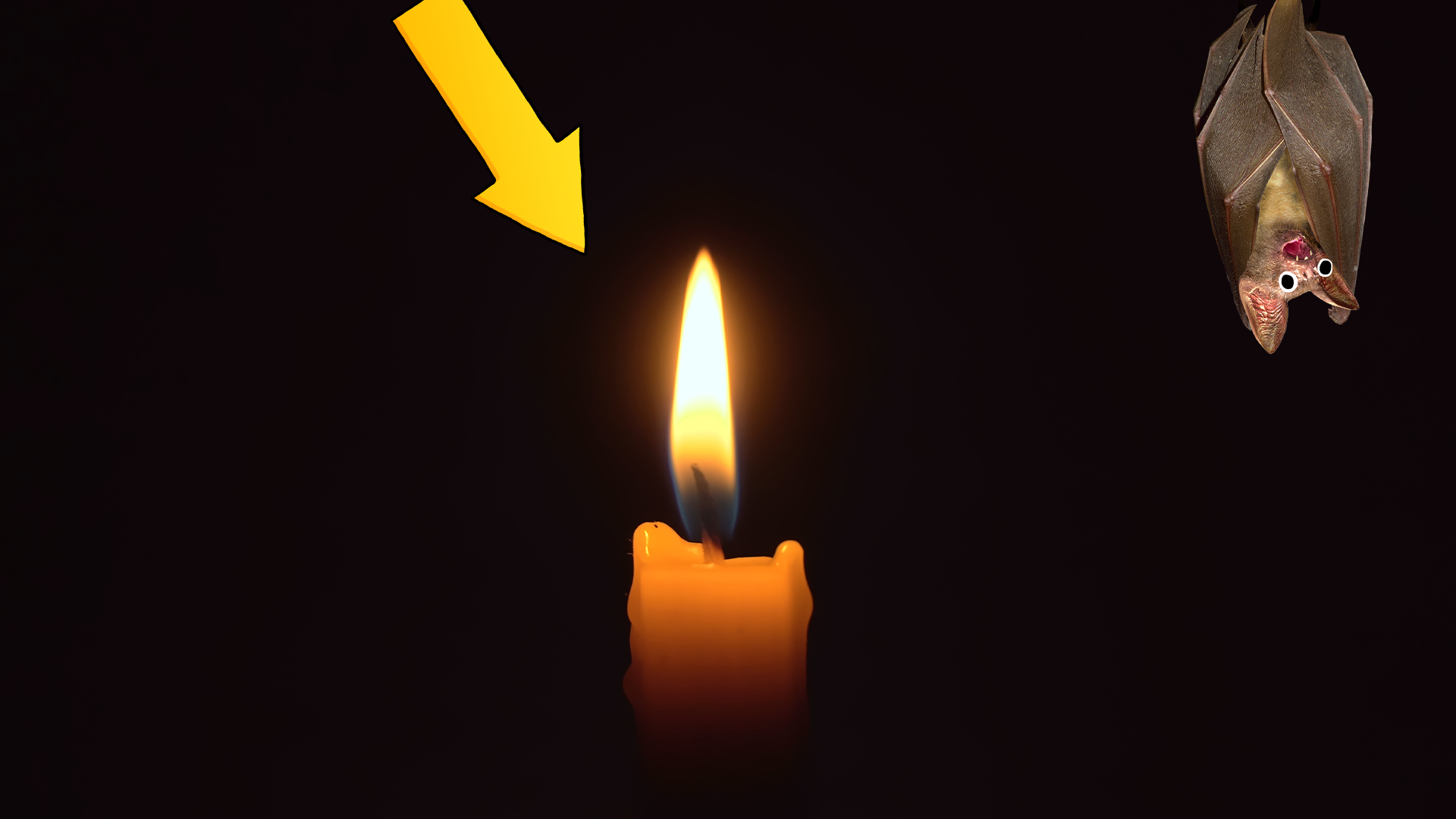 Candle in darkness with Beano bat and arrow