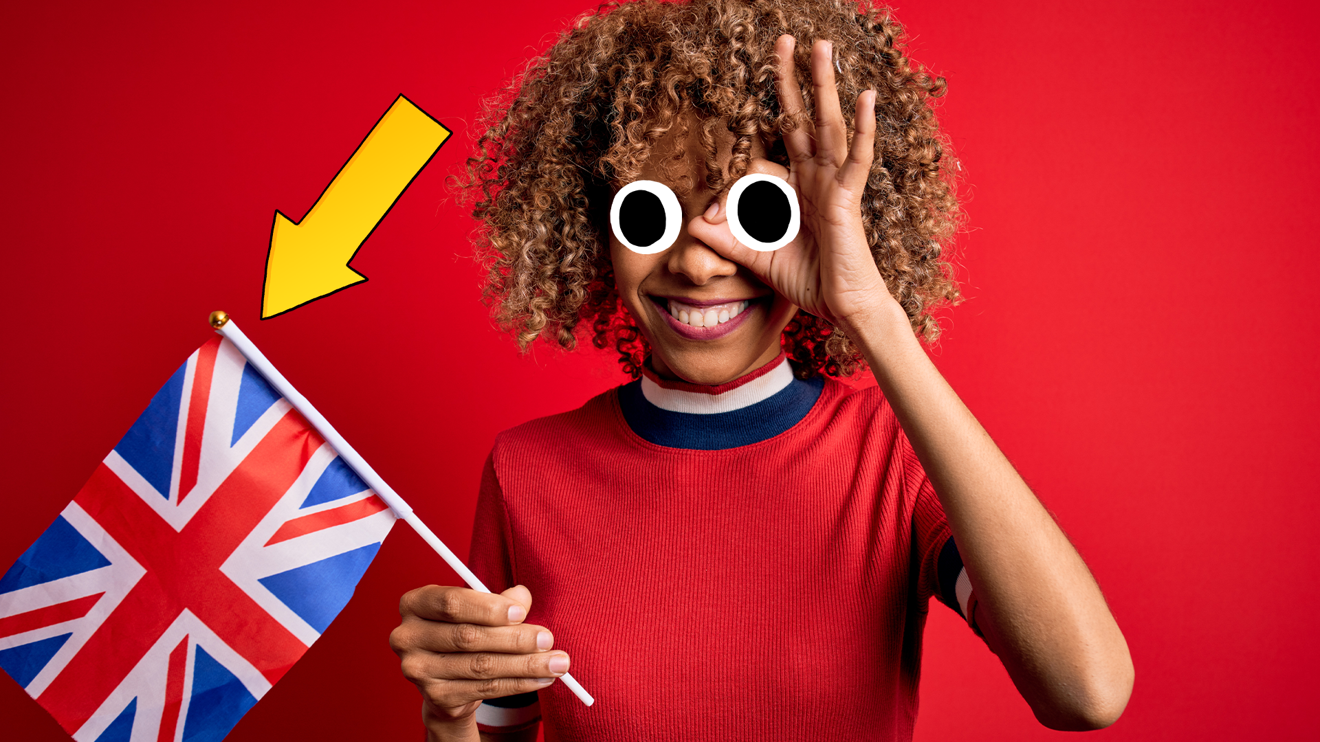 Woman waving UK flag on red background with arrow pointing to flag