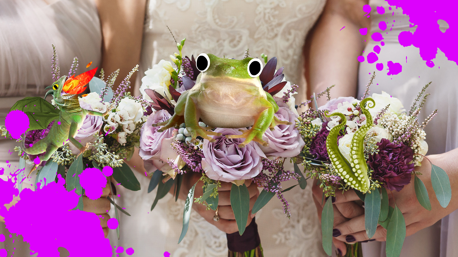 Bridesmaid's bouquets with witchy things in them and purple splats
