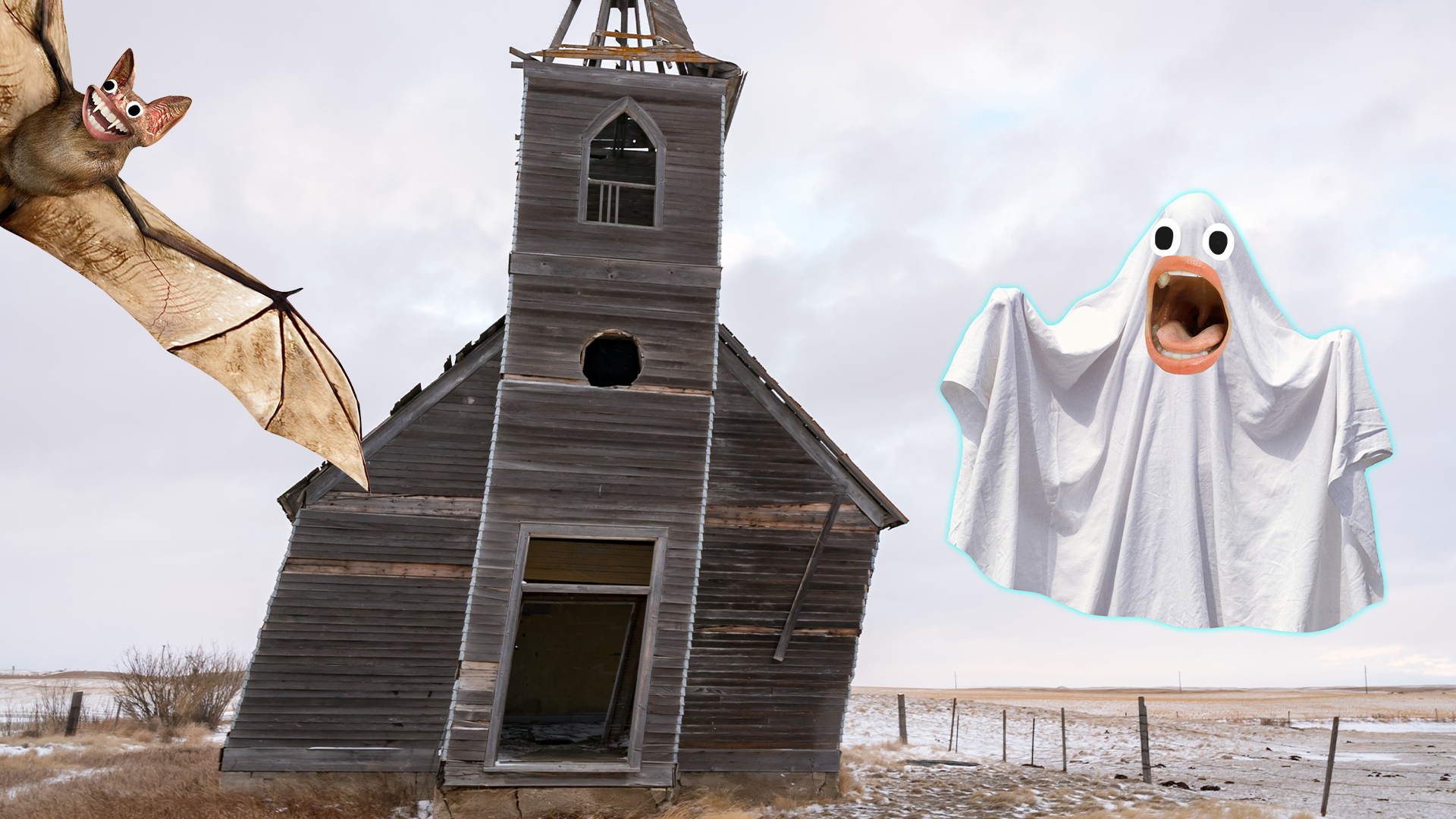 Creepy church with Beano ghost and bat