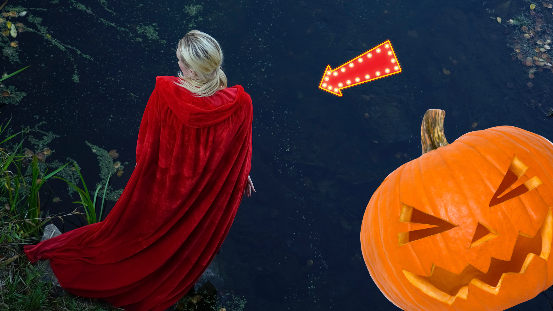 Woman in red cloak with Beano pumpkin and arrow