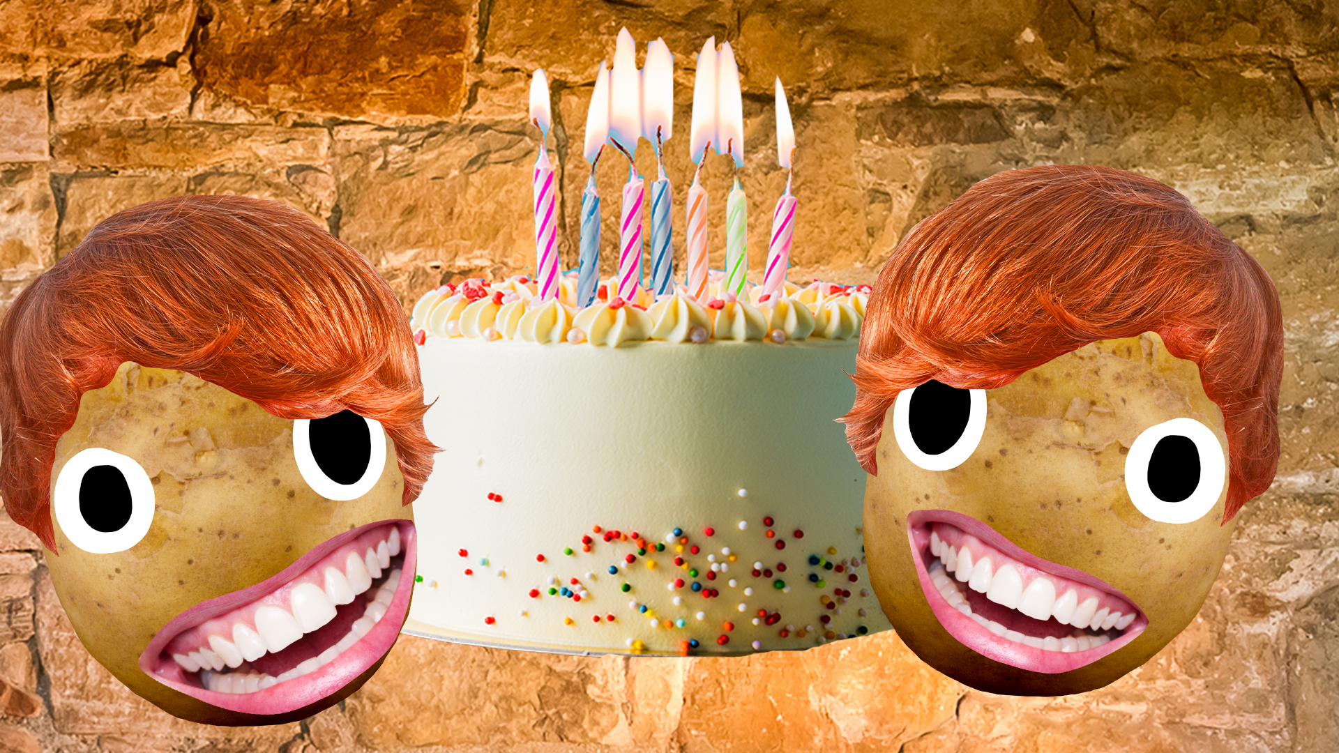 Weasley twin potatoes on stone background with birthday cake 