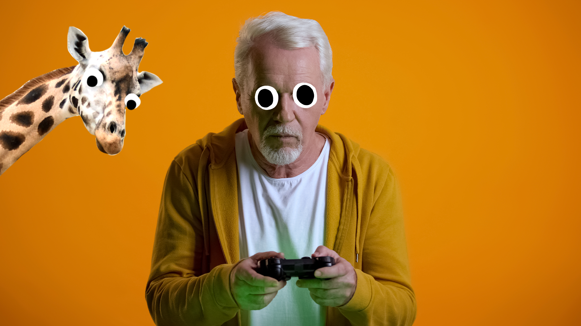 Older man gaming on orange background with Beano giraffe