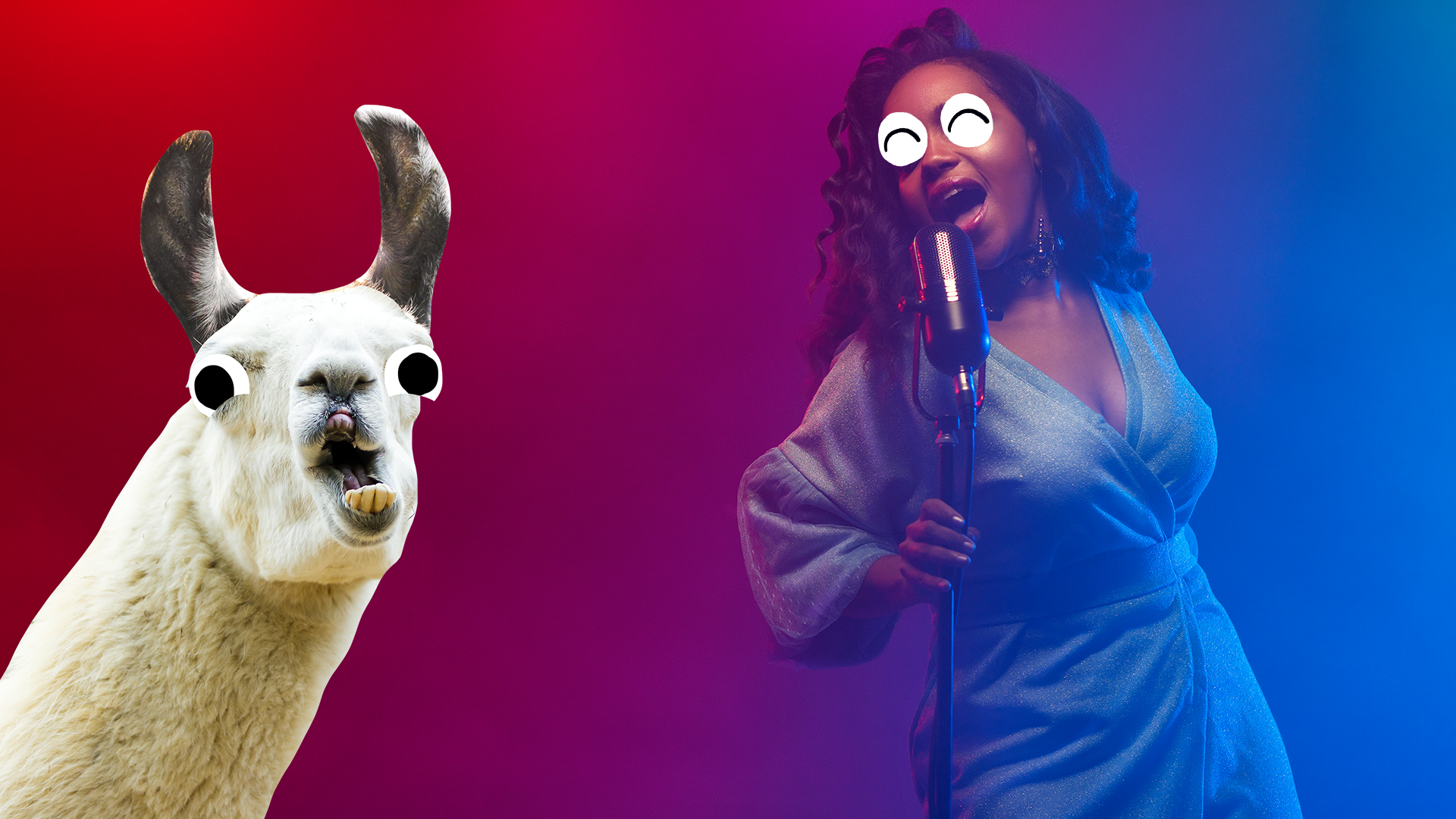 Singer on purple background with derpy llama 