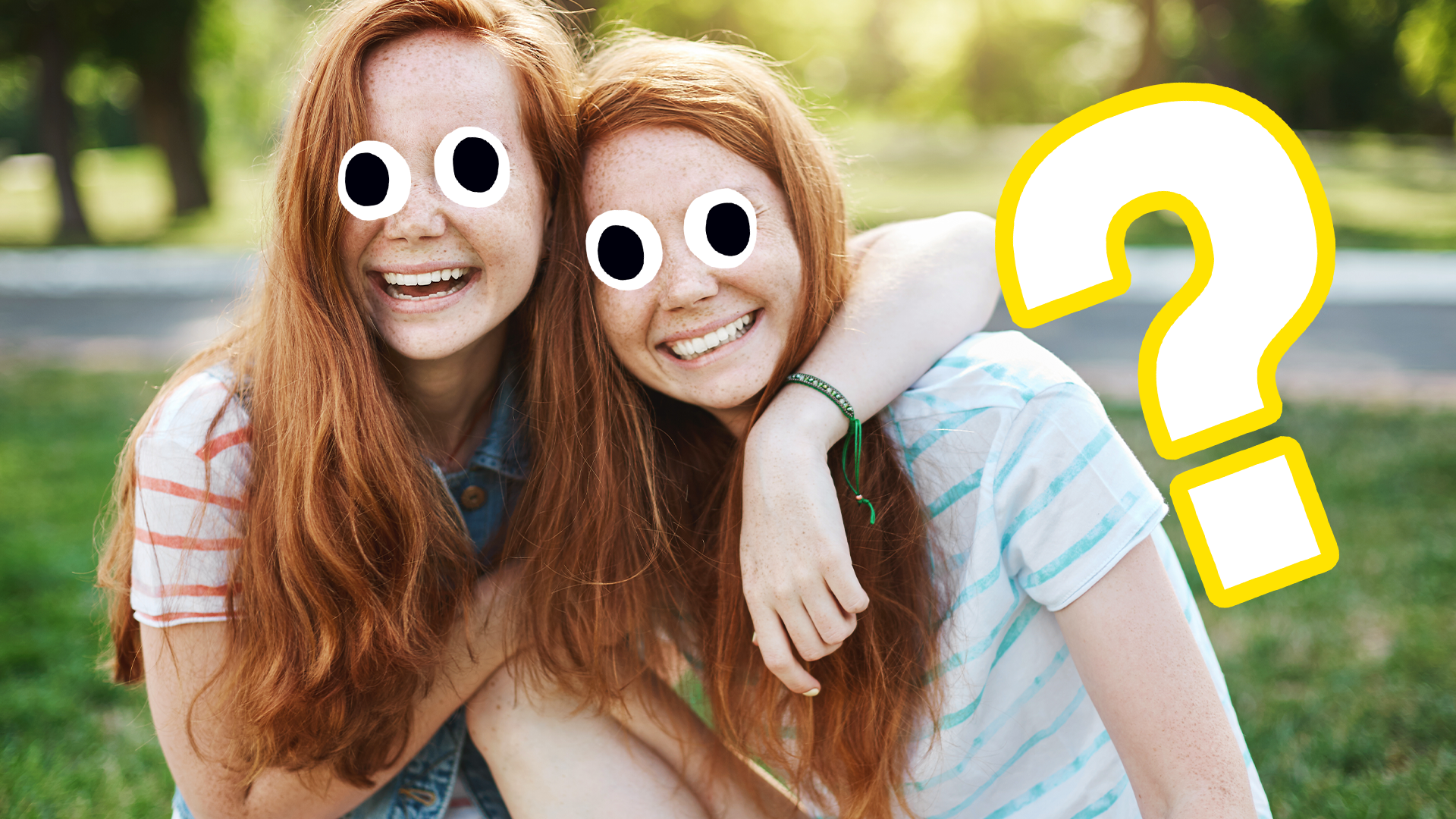 Two red haired girls outdoors with question mark