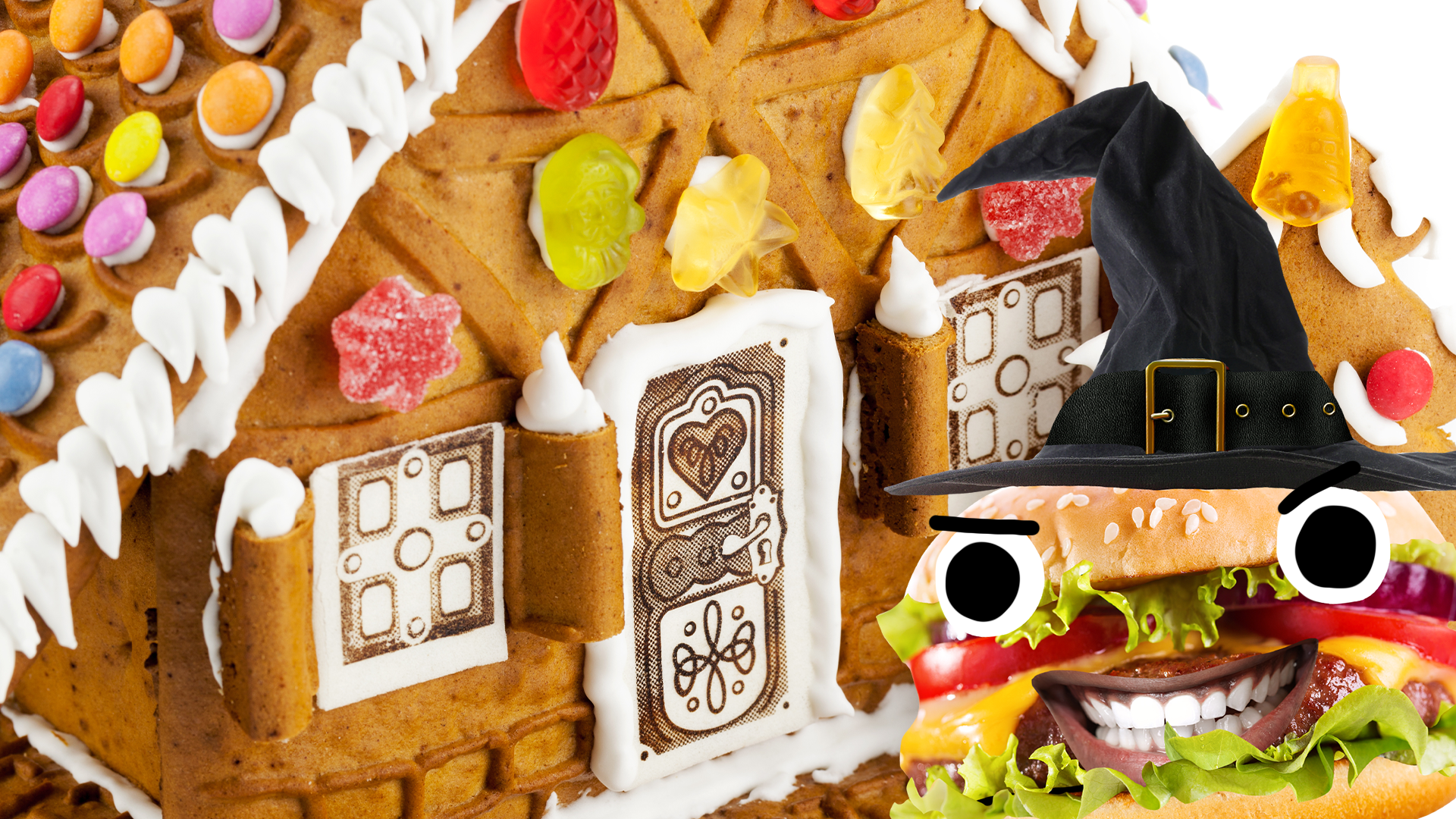 Gingerbread house with Beano witch burger