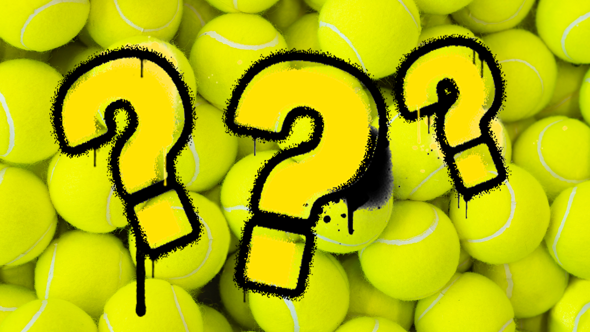 Tennis balls and graffiti question marks 