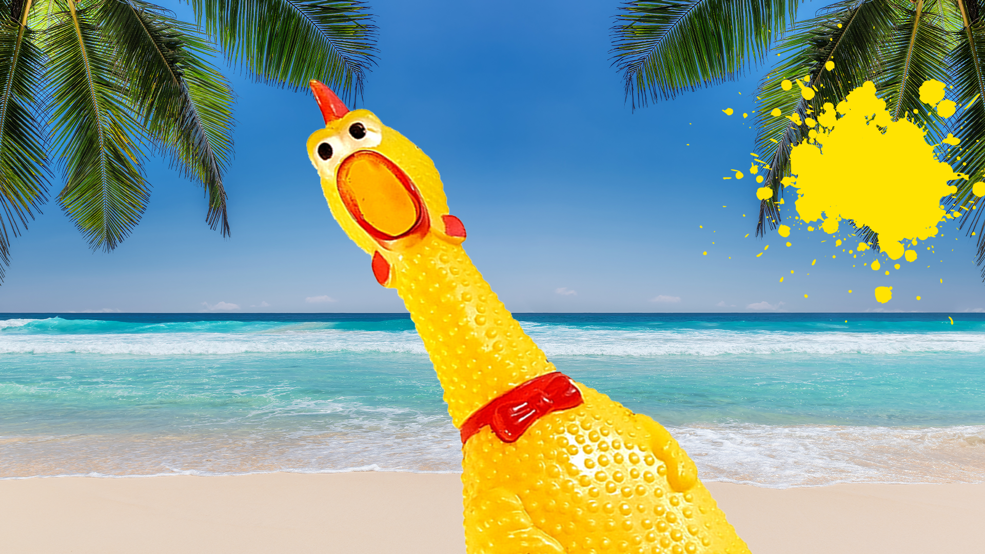 Rubber chicken on tropical beach