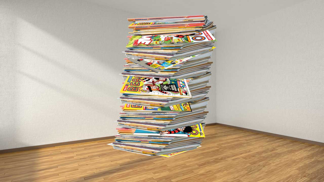 A pile of comics in an empty room