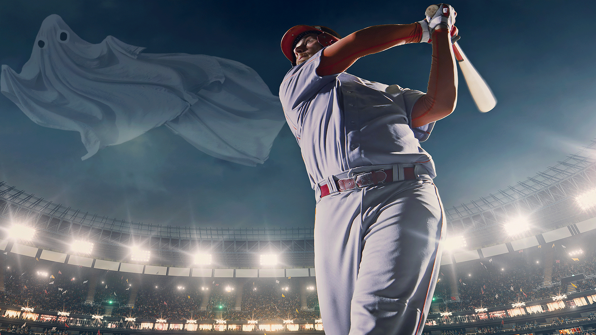 A photo of a baseball player swinging at a ghost