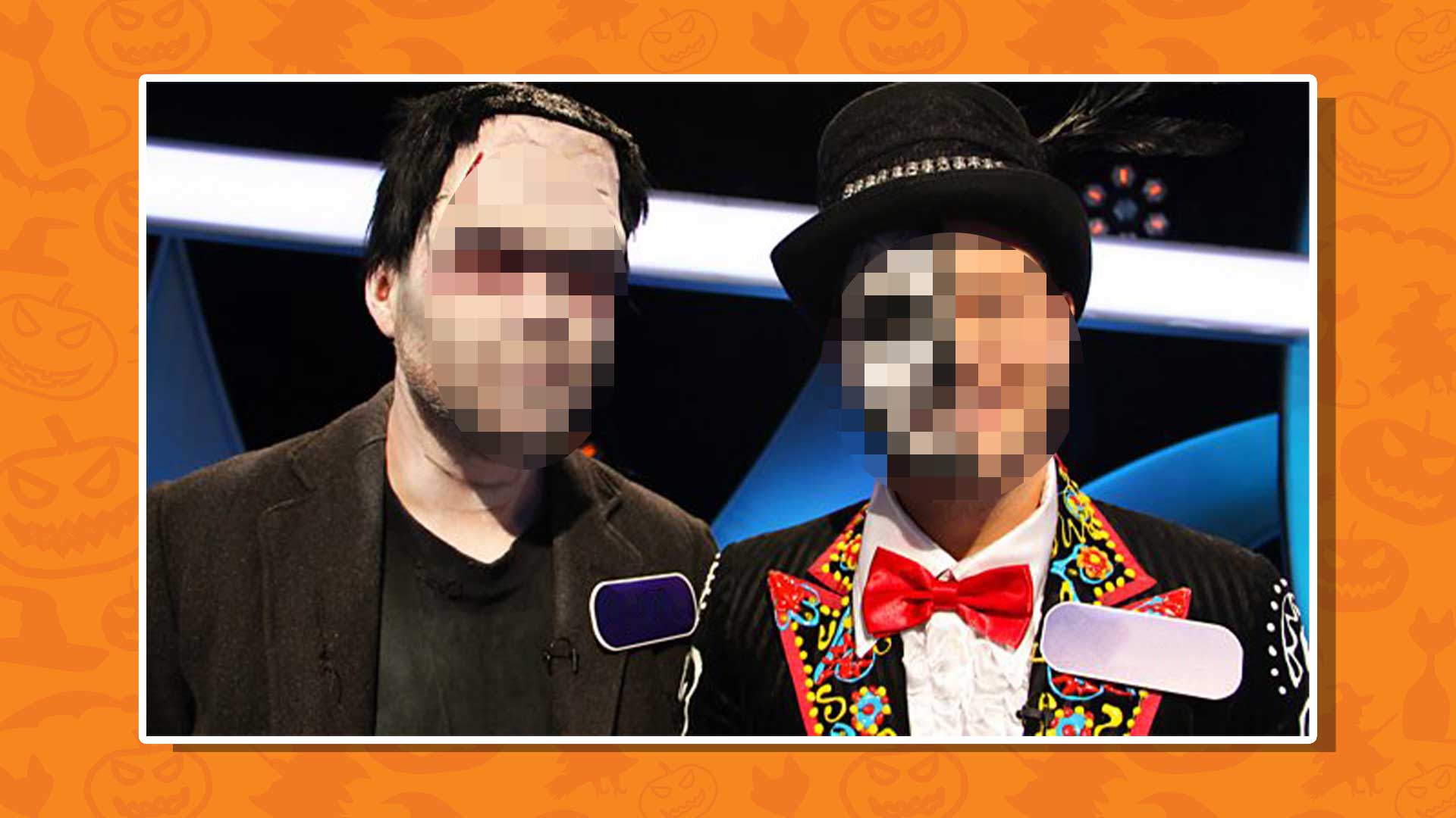 Two CBBC presenters dressed in Halloween costumes