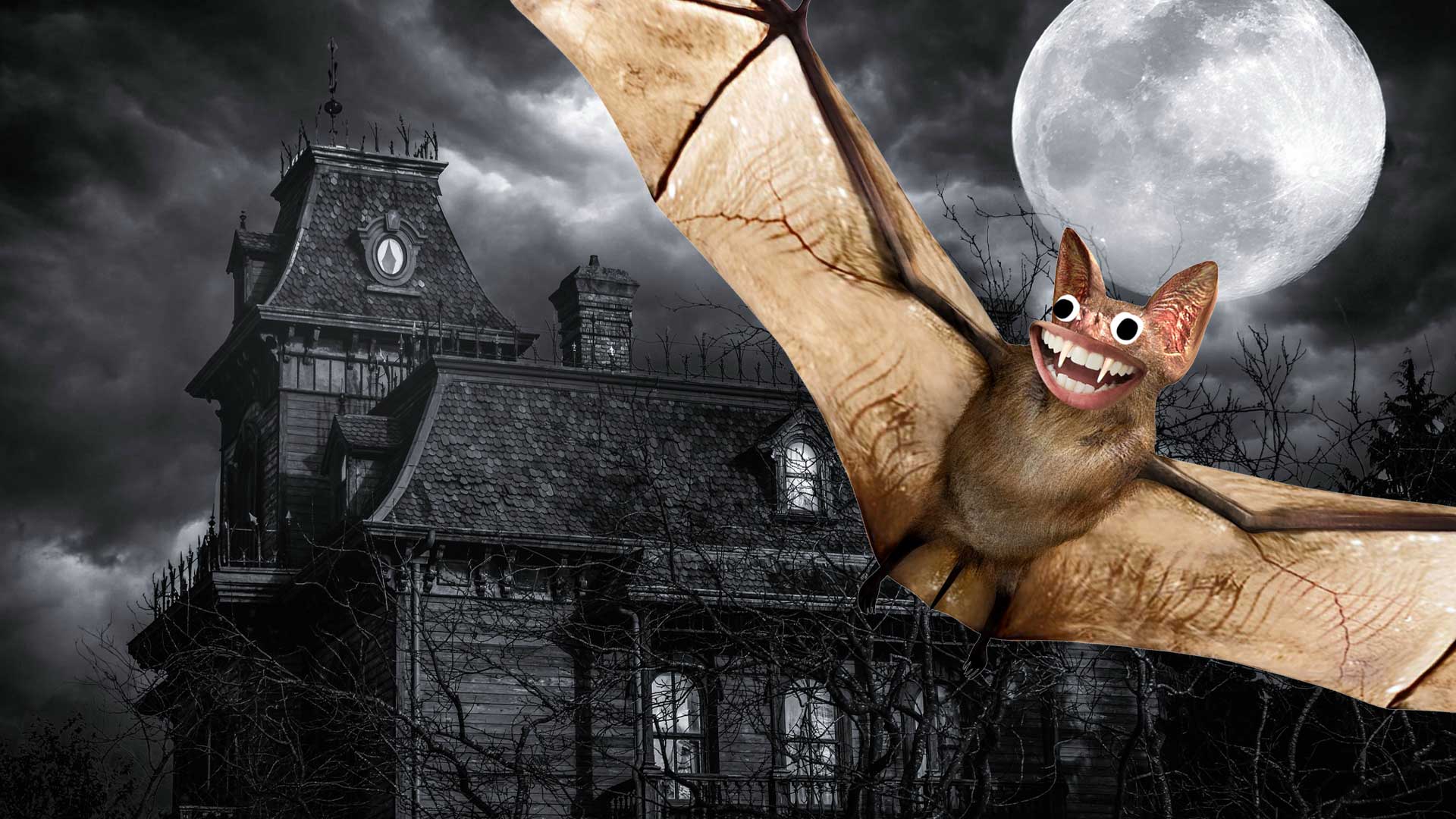 A haunted house and a smiling bat