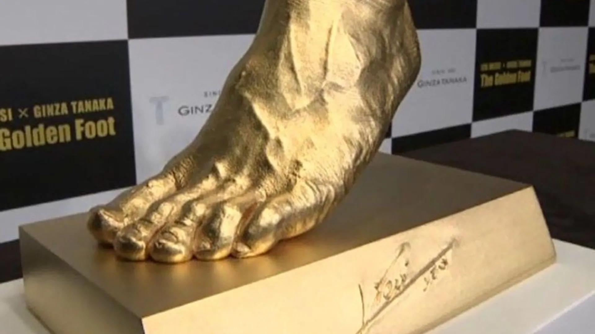 A golden cast of Lionel Messi's left foot