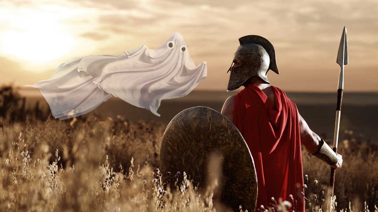 A Roman soldier and a ghost floating in a field