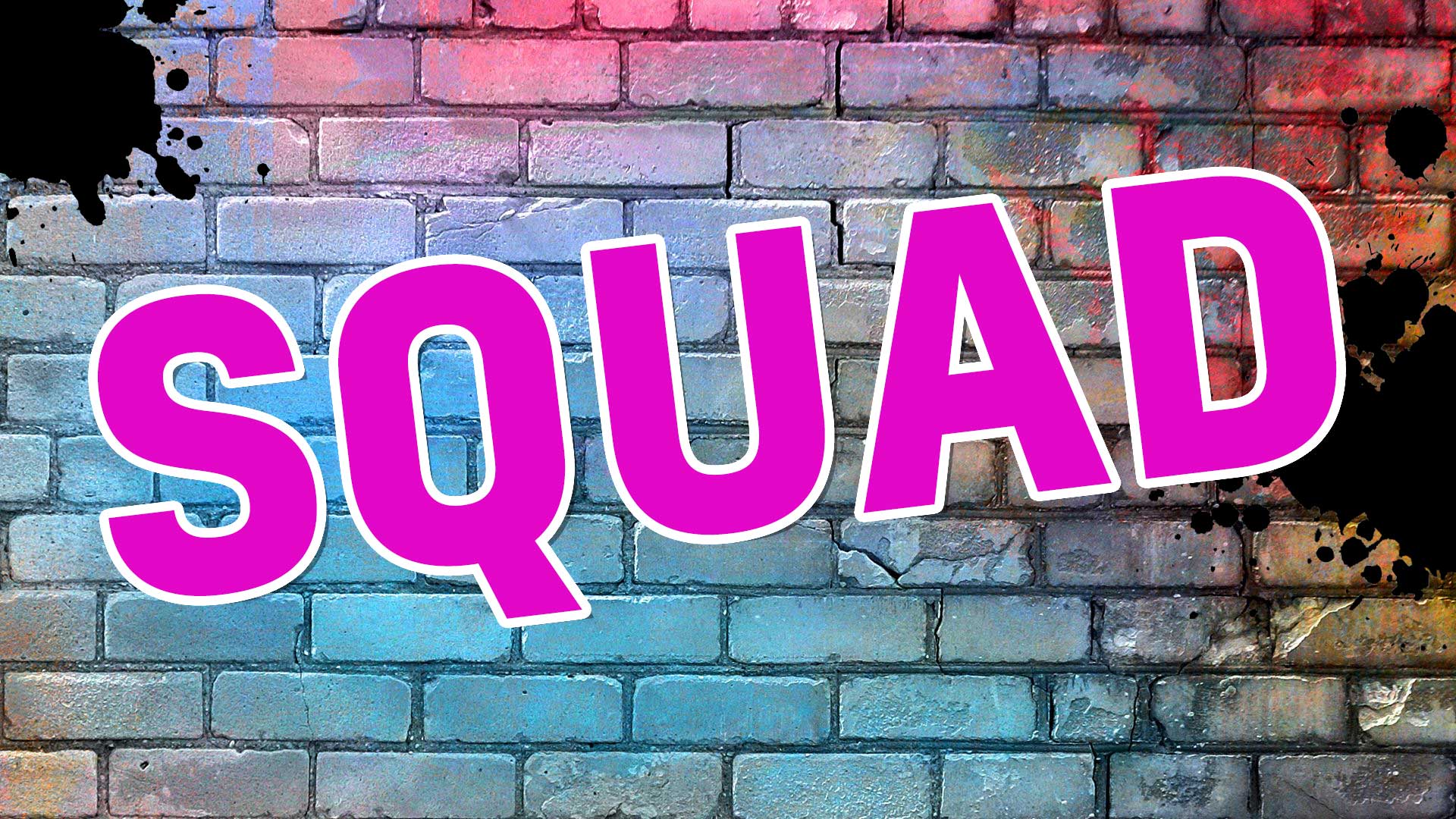 The word squad on a brick background
