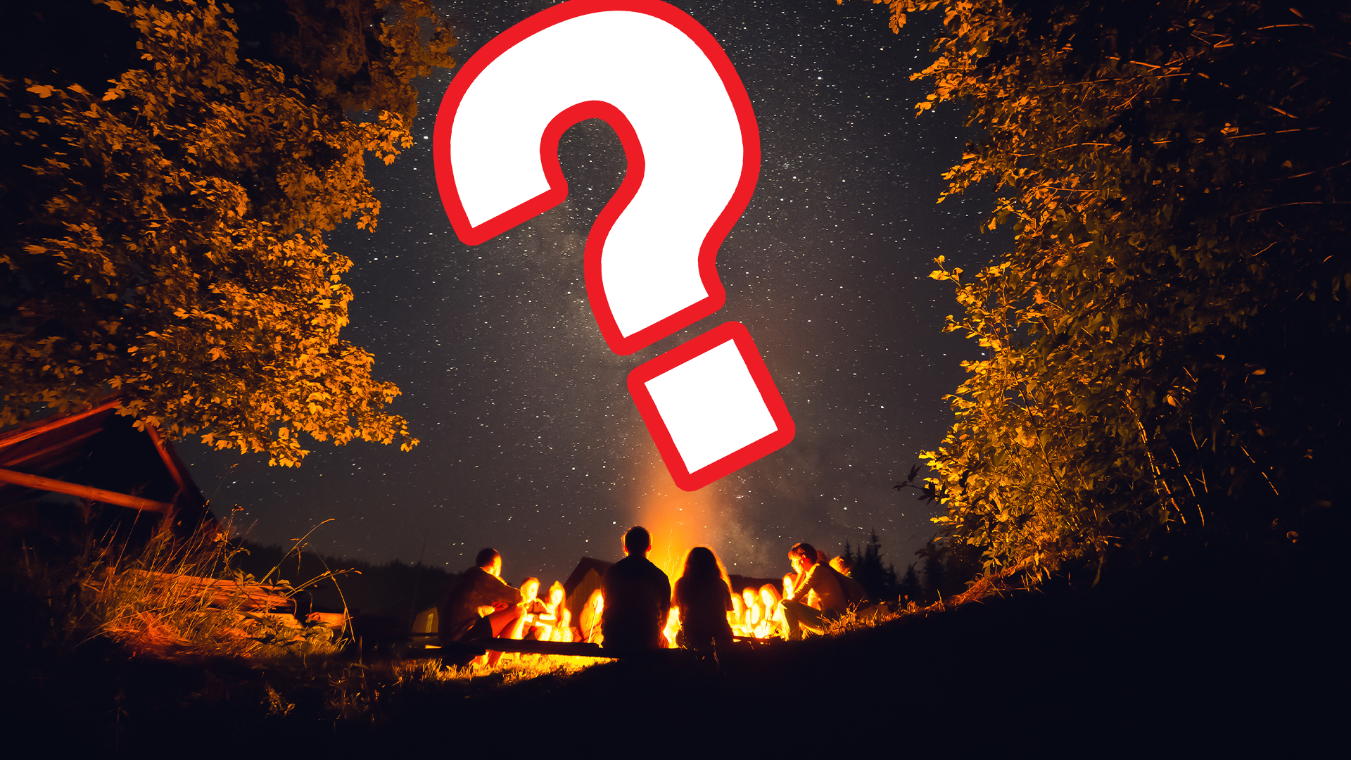 People sitting round a campfire at night with question mark