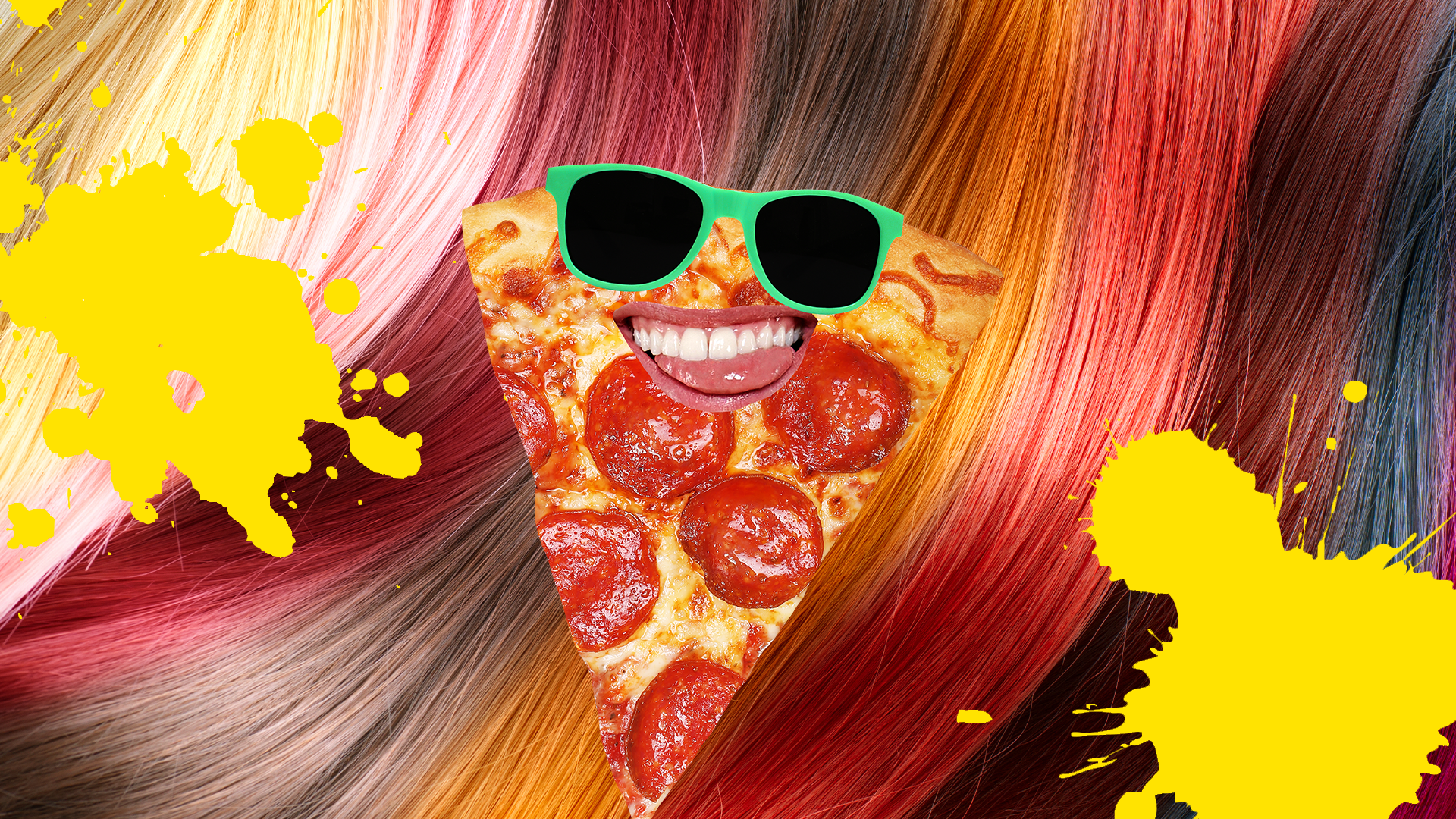 Colourful hair with Beano pizza and yellow splats