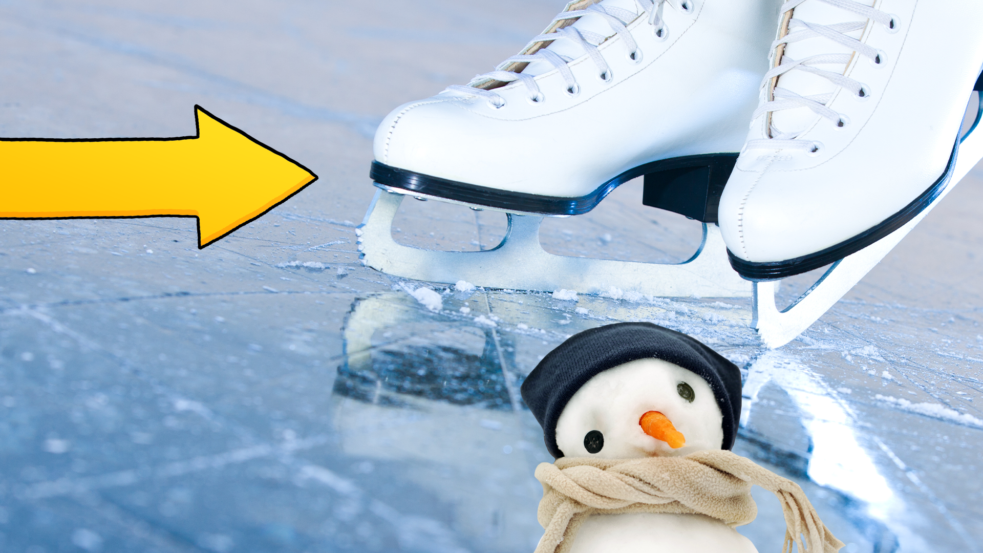 Figure skates on ice with Beano arrow and snowman