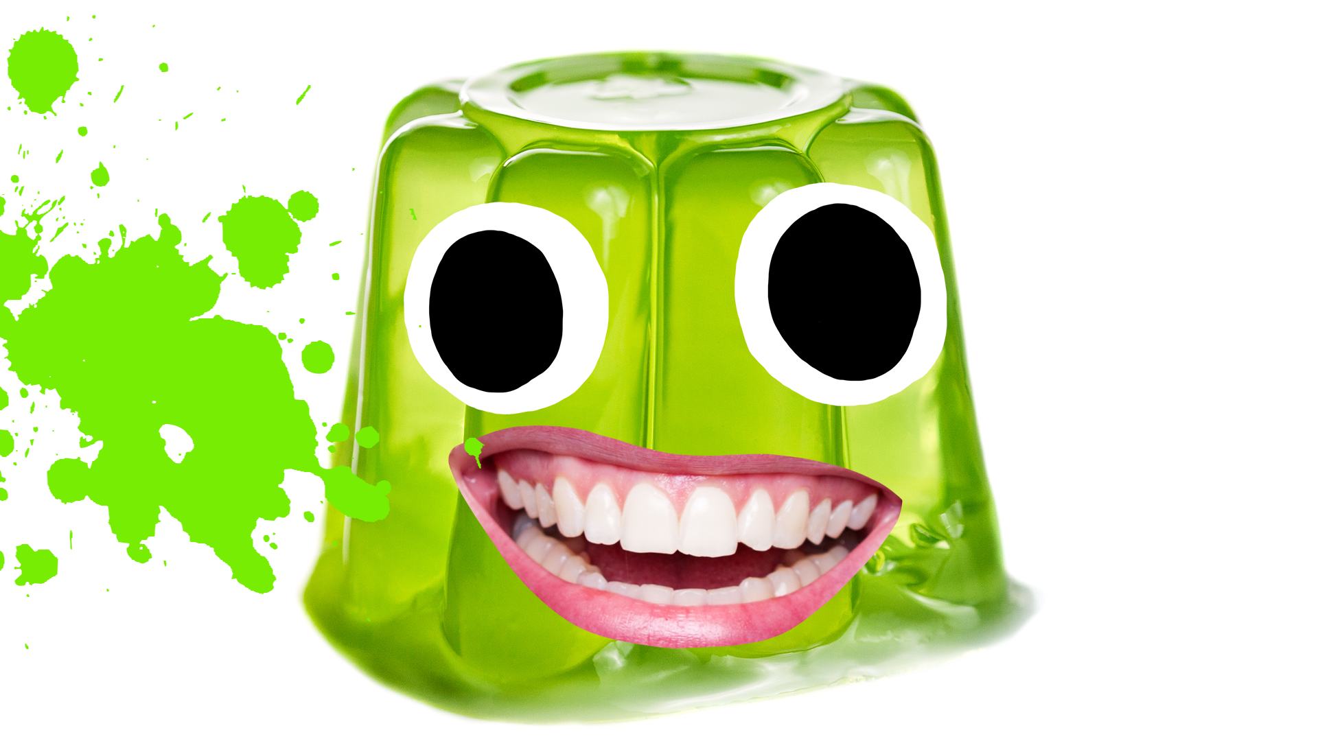 Green jelly on white background with goofy face