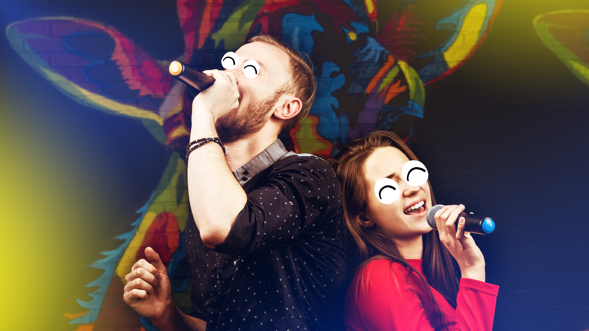 Man and woman singing karaoke on colourful background  