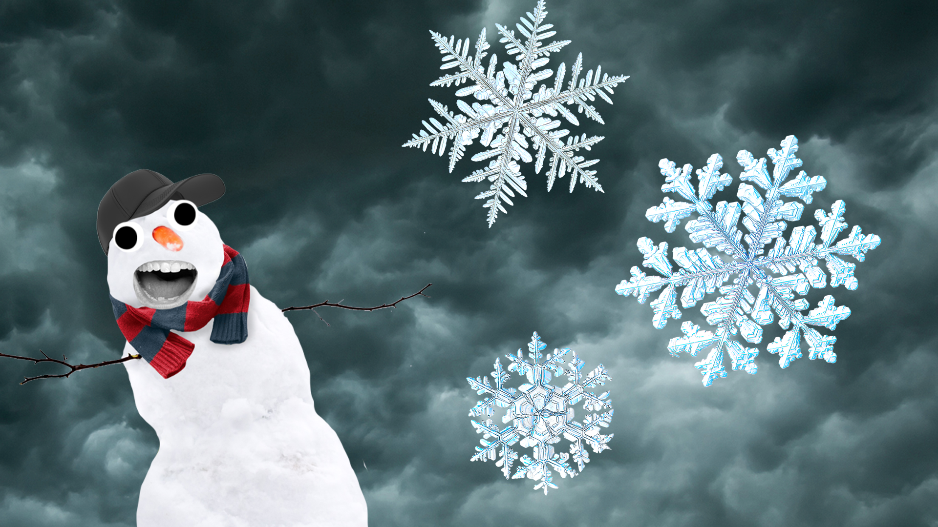 Stormy, snowy scene with Beano snowman