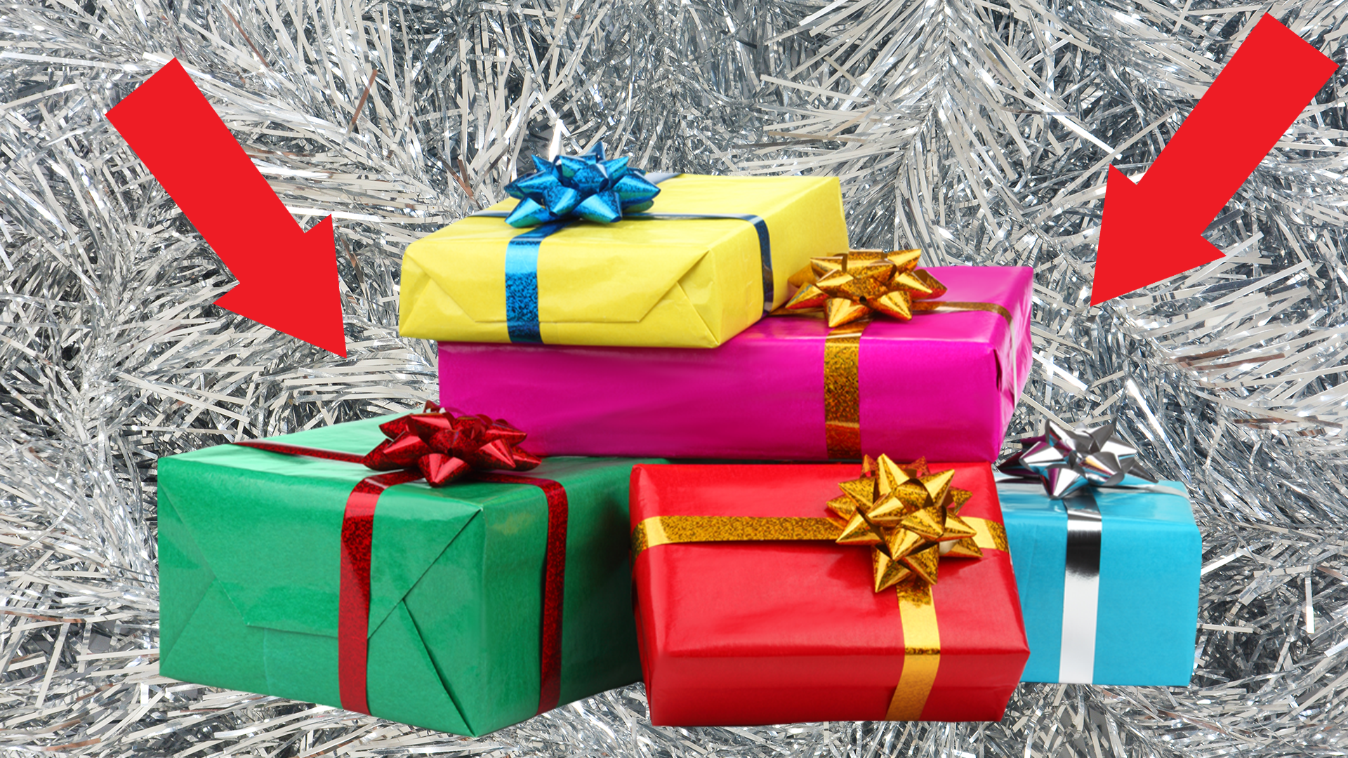 Presents and arrows on tinsel background