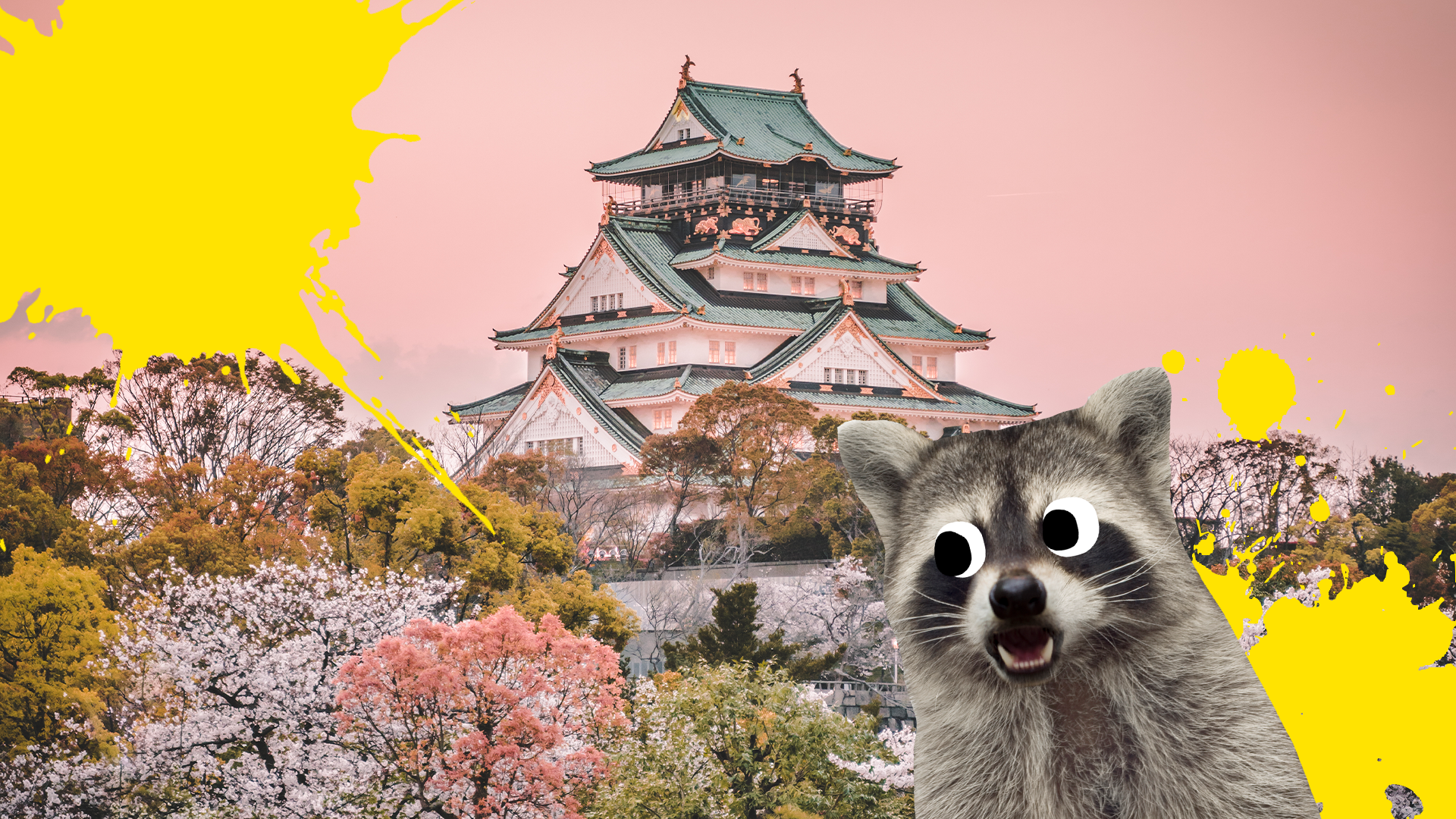 Japanese scene with yellow splats and Beano raccoon 