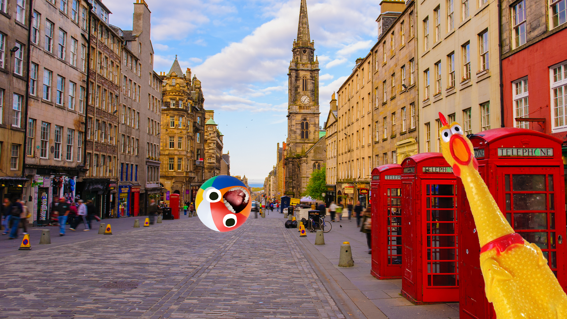 Royal Mile with Beano ball and rubber chicken