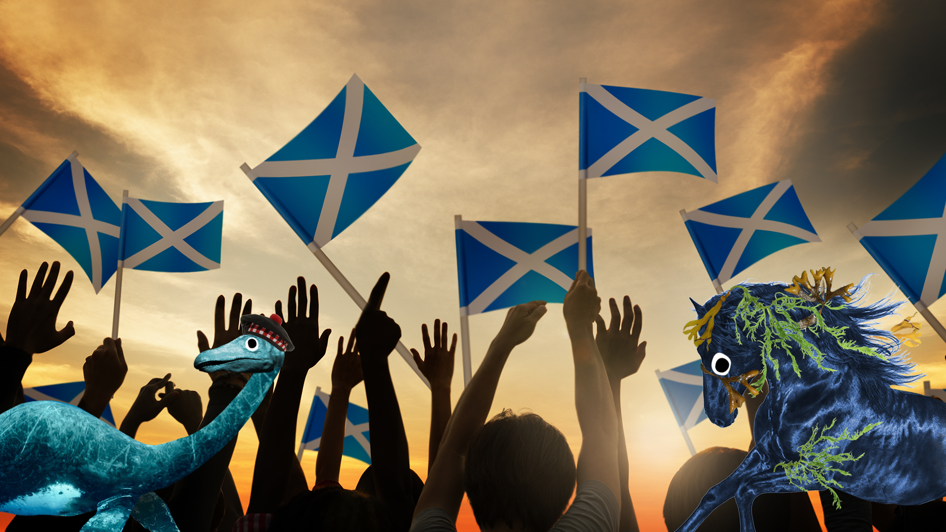 Scottish people waving flags in sunset with Beano monsters