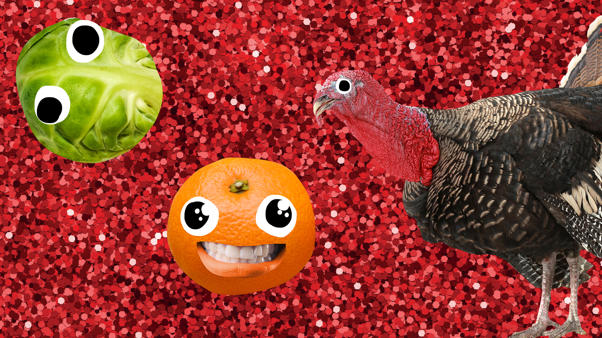 Beano turkey, sprout and satsuma on glitter background 