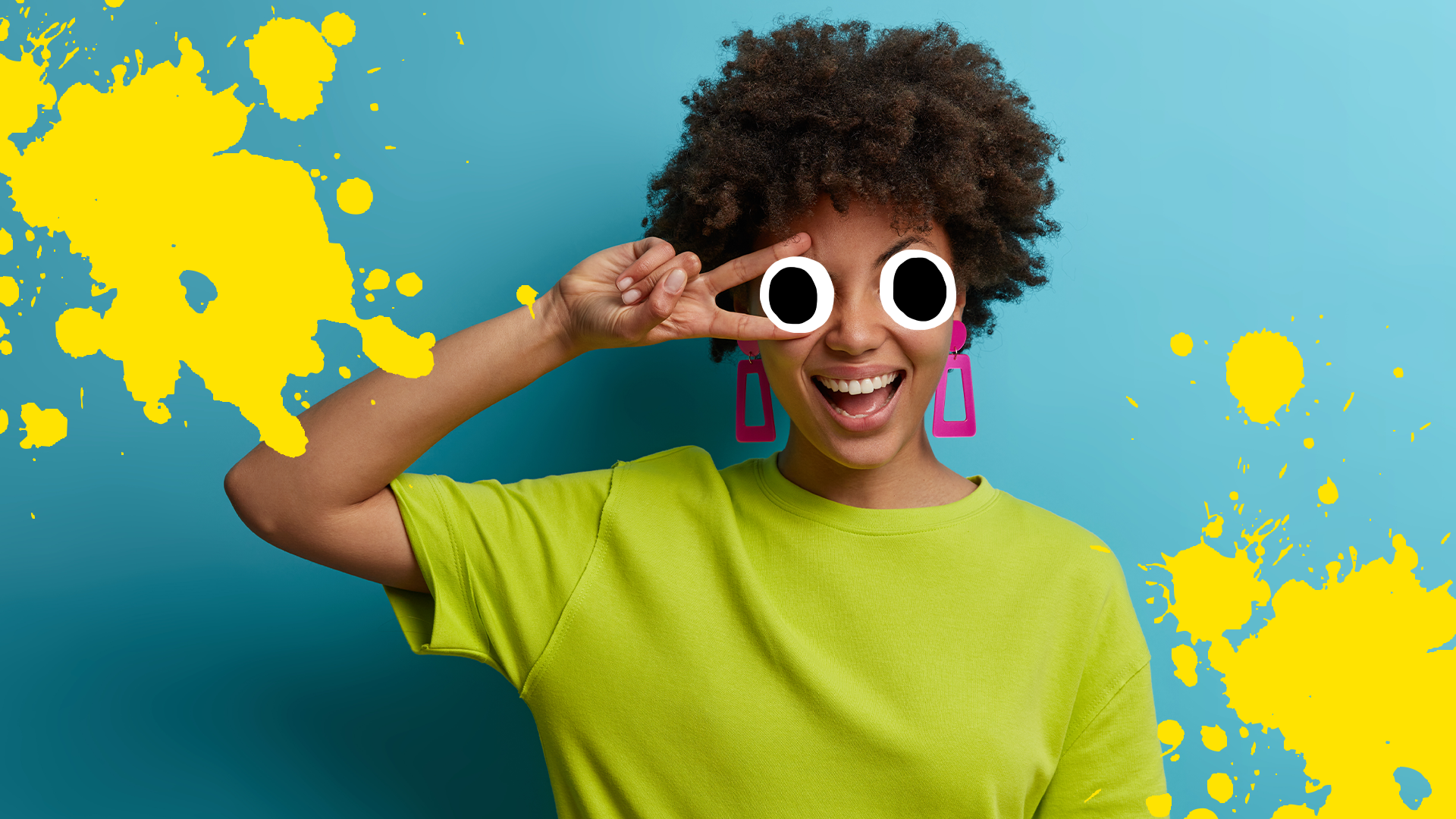 Happy looking woman on blue background with yellow splats